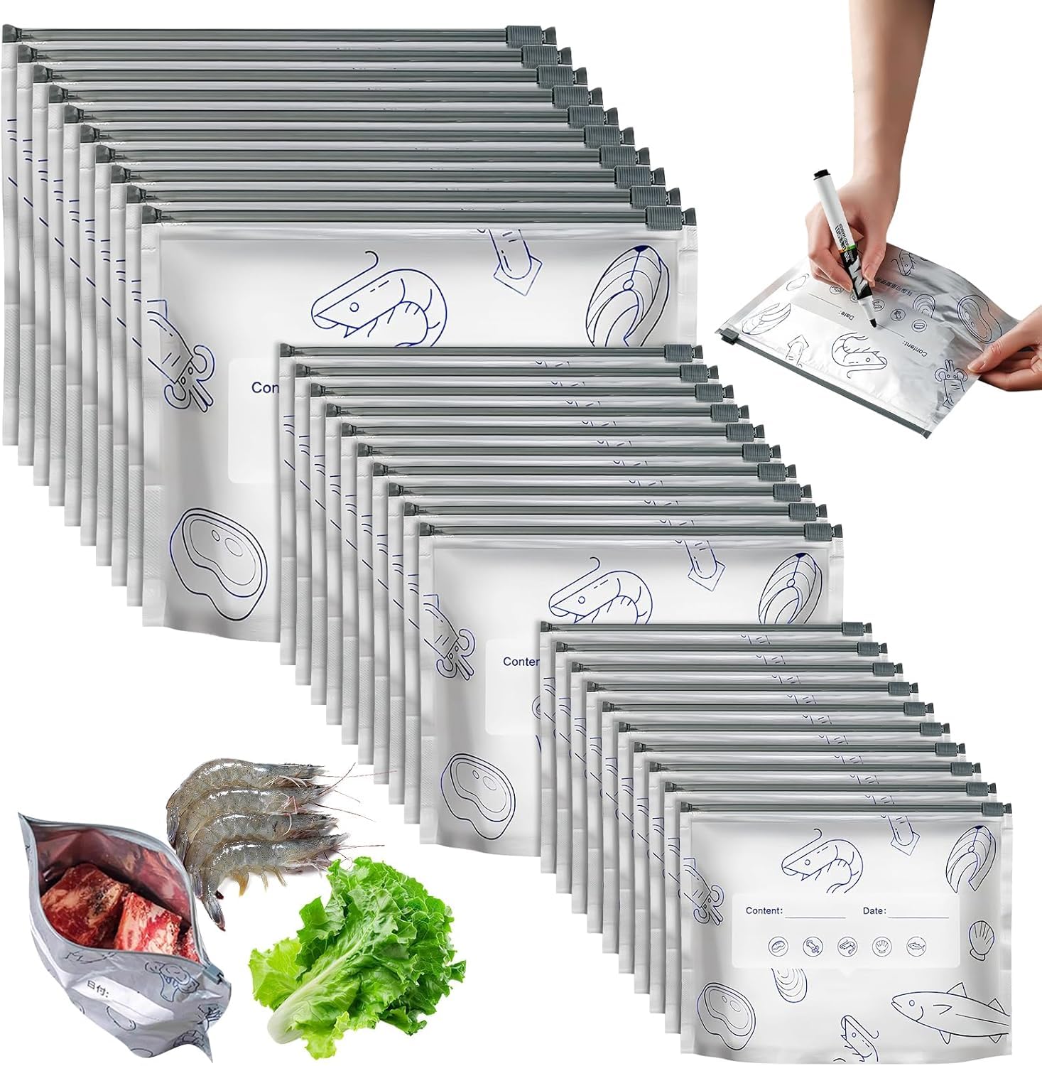 30 Pcs Reusable Aluminum Foil Food Storage Bags, Stand Up Zip Lock Pouches, Leakproof Sealable Fresh-Keeping Bags for Vegetables, Fruits, Meat & Snacks (Size - 10 Pcs Small, Medium, Large)-image-37