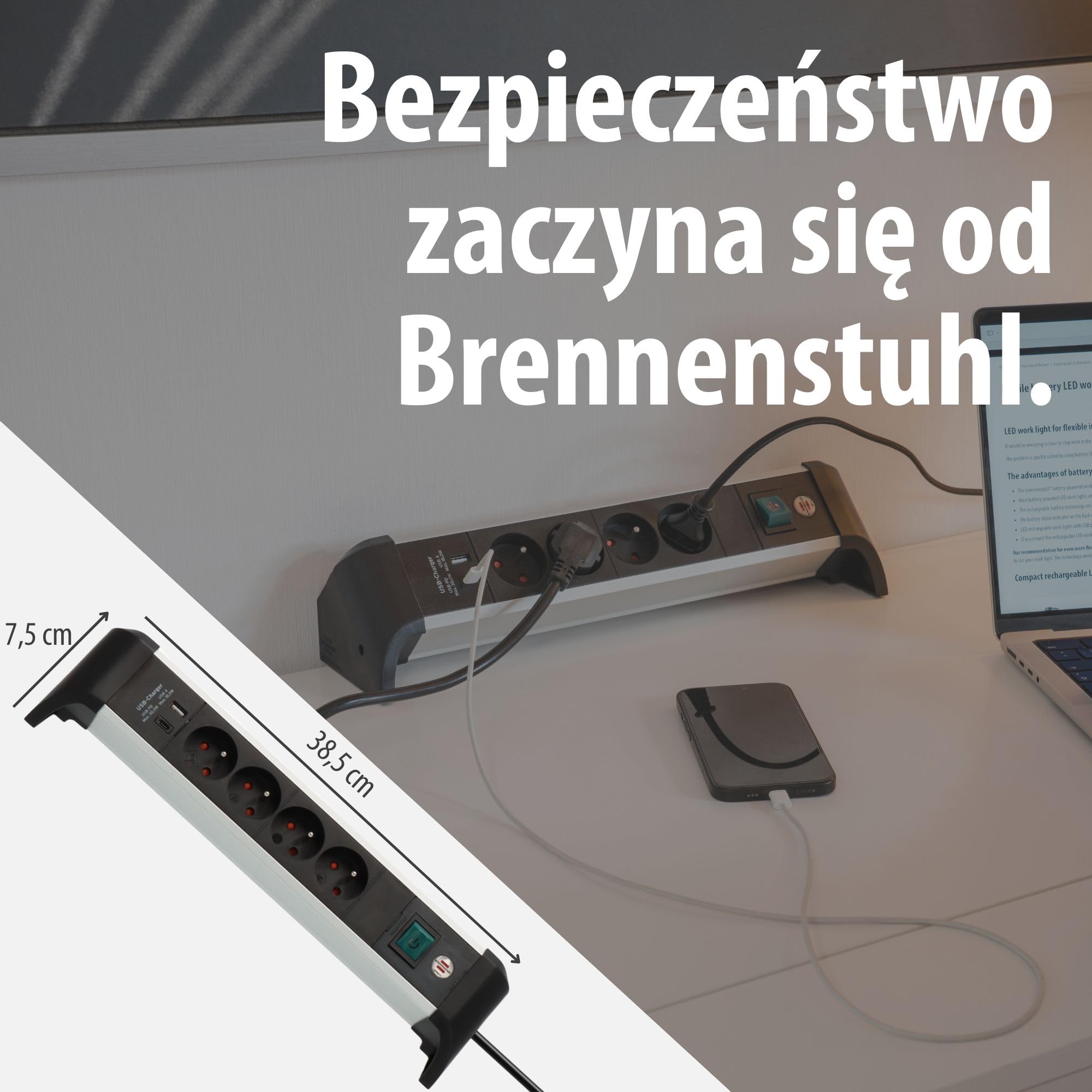 Brennenstuhl Alu-Office-Line Listwa zasilająca z 4 gniazdami i USB C PD 30W i USB A 18W (Made in Germany, gniazdo wielogniazdowe idealne do biura, kabel 1,8 m, z przełącznikiem)