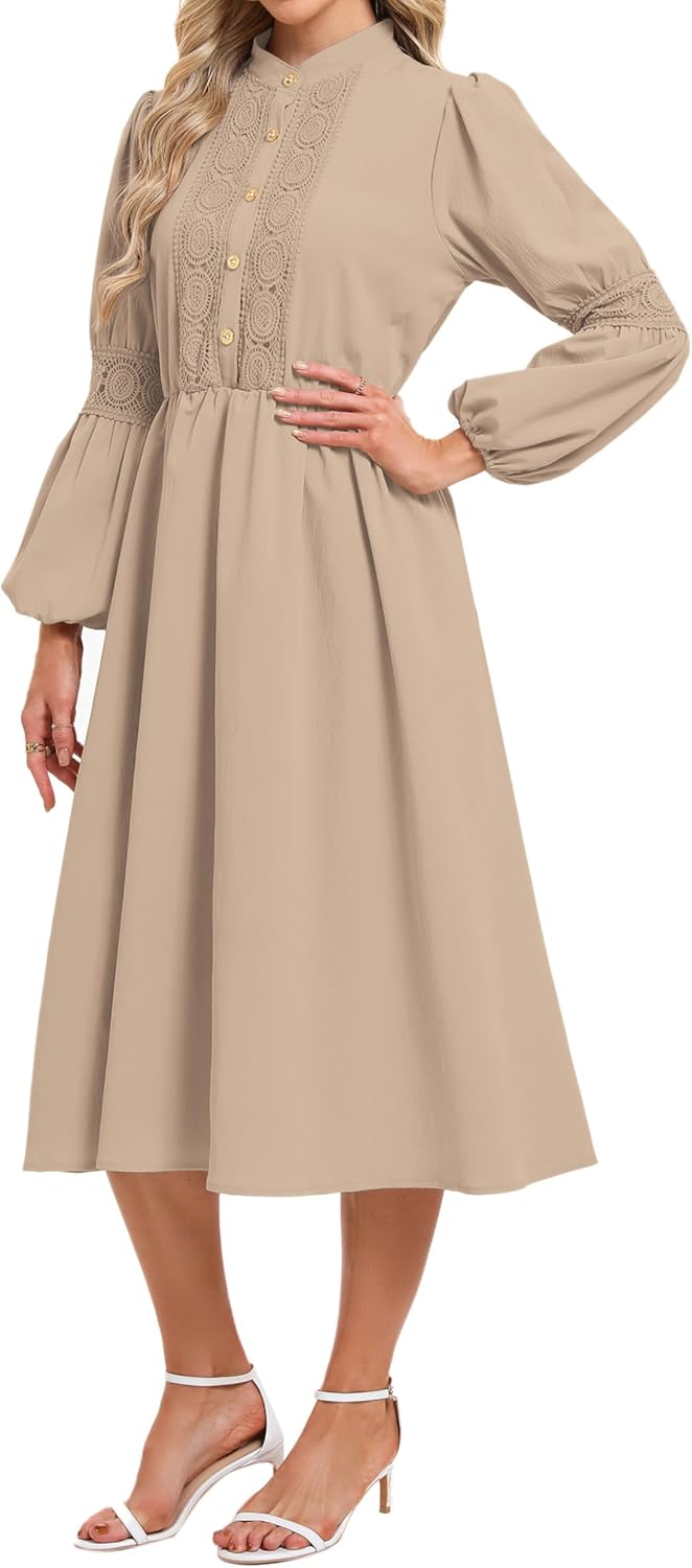 Women's 2026 Spring Dresses Long Puff Sleeve Crew Neck A Line Elastic Wasit Embroidery Formal Casual Midi Dress - Image 3