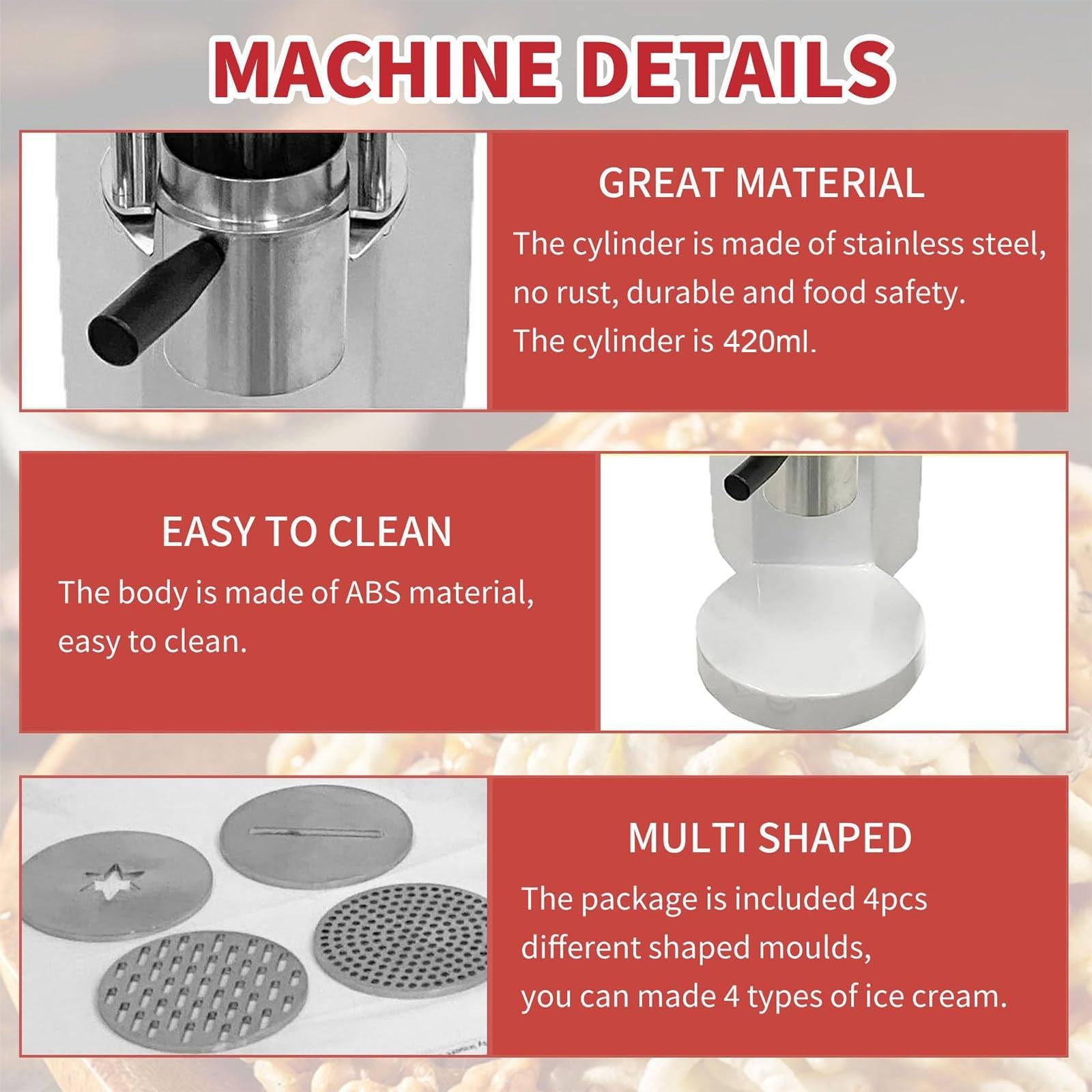 Soft Serve Ice Cream Maker 28–30L/H, 4 austauschbare Spitzen für Spaghetti, Bänder, Heimpartys, kleine Unternehmen