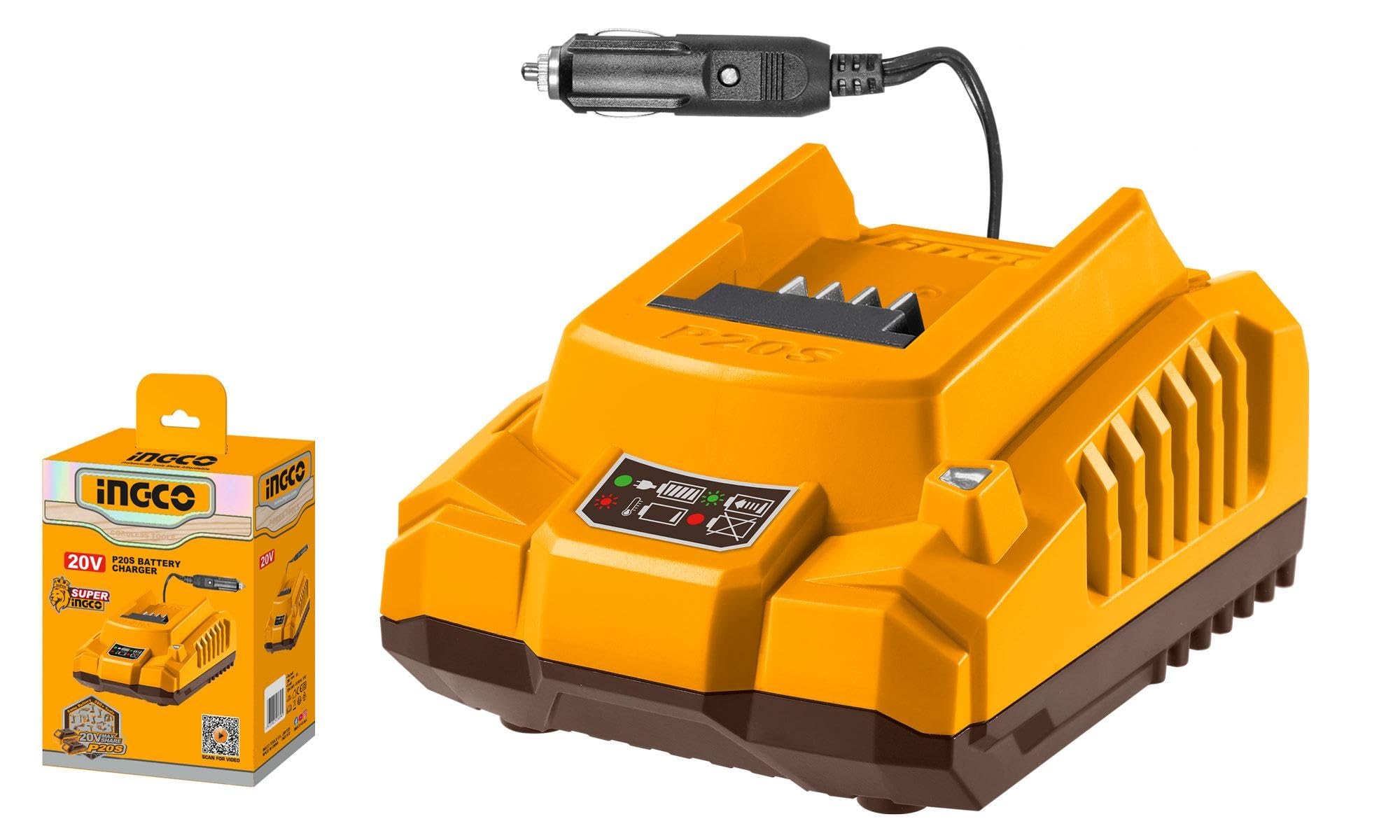 INGCO 20V 2.0A Car Battery Charger FCLI2012 with car adapter and packaging