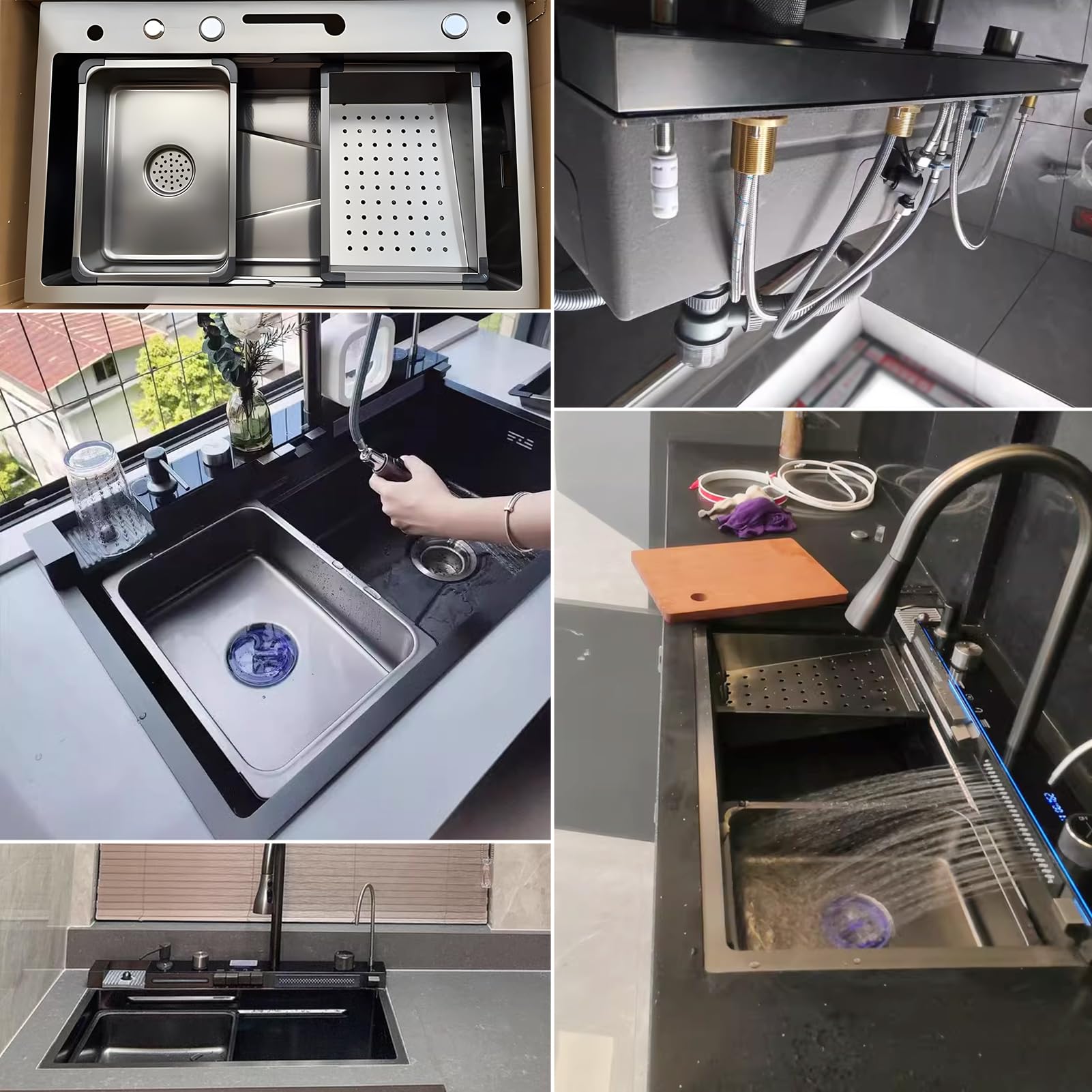 Fregadero de cocina de acero inoxidable de 75 × 46 cm con nano-revestimiento, pantalla digital de temperatura, doble cascada, encimera con tabla de cortar, fregadero doble y control de teclas de piano
