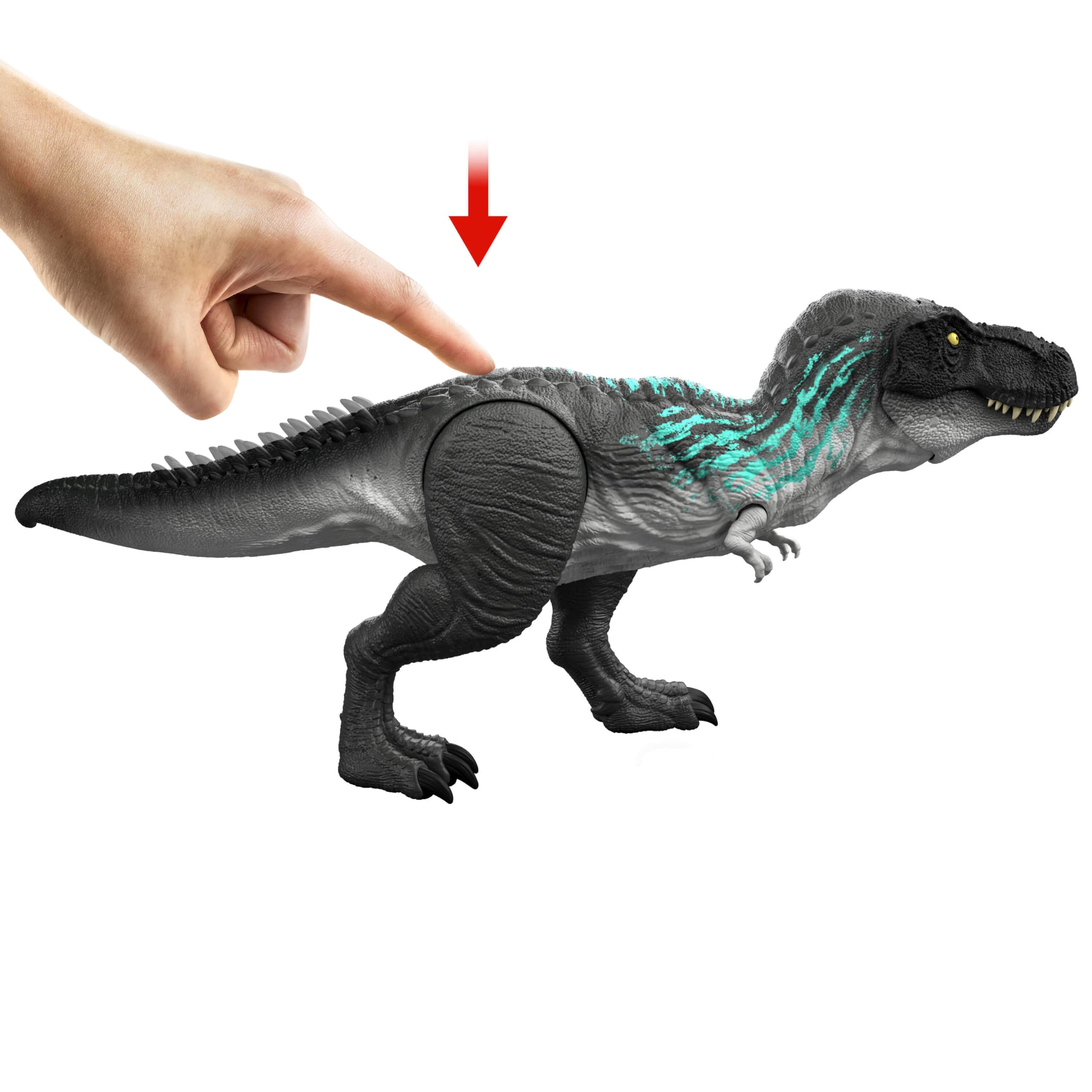 Mattel Jurassic World Muscle Madness Tyrannosaurus Rex Figura de acción | T-Rex con músculos en el torso y picos en la cola, muerde y ruge, JKG92