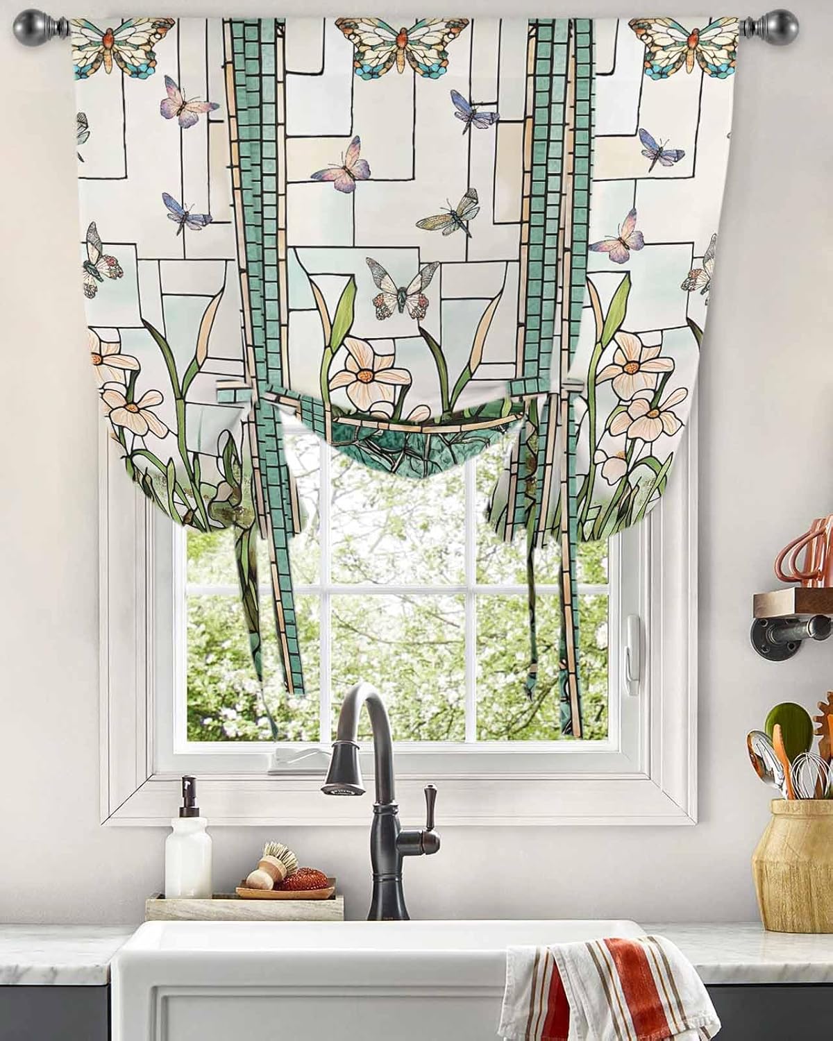 Retro Tie Up Curtains for Windows Stained Glass ​Meadow Flower Butterfly Print Rod Pocket Tie-Up Window Shade Adjustable Balloon Curtain Valance for Bedroom Kitchen Bathroom Blinds,46" Wx63 L