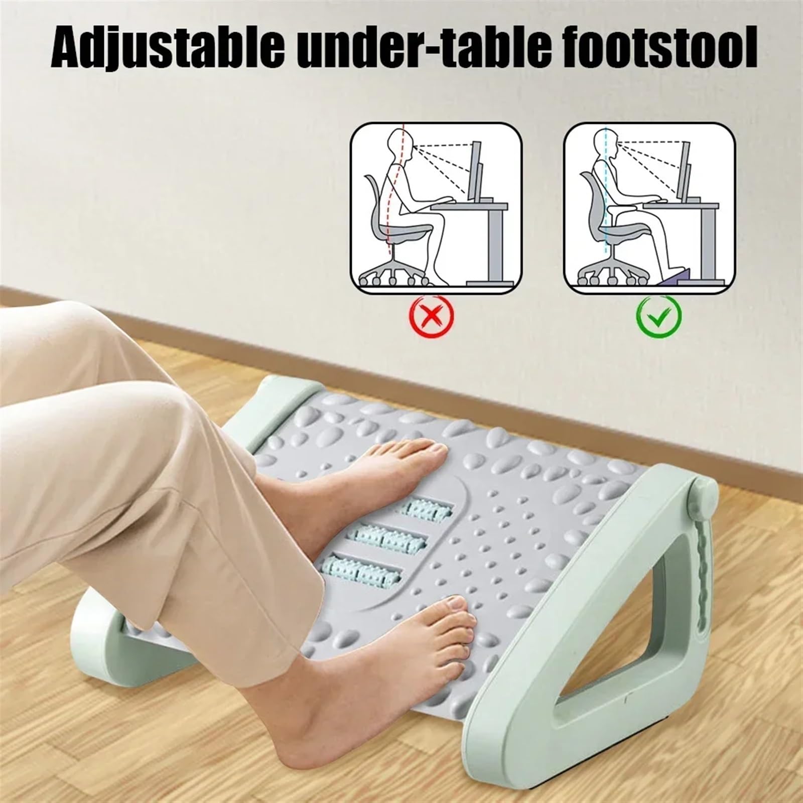 Reposapiés portátil para oficina debajo del escritorio, taburete para el hogar, oficina, trabajo, reposapiés con rodillos de masaje (taburete blanco para pies)