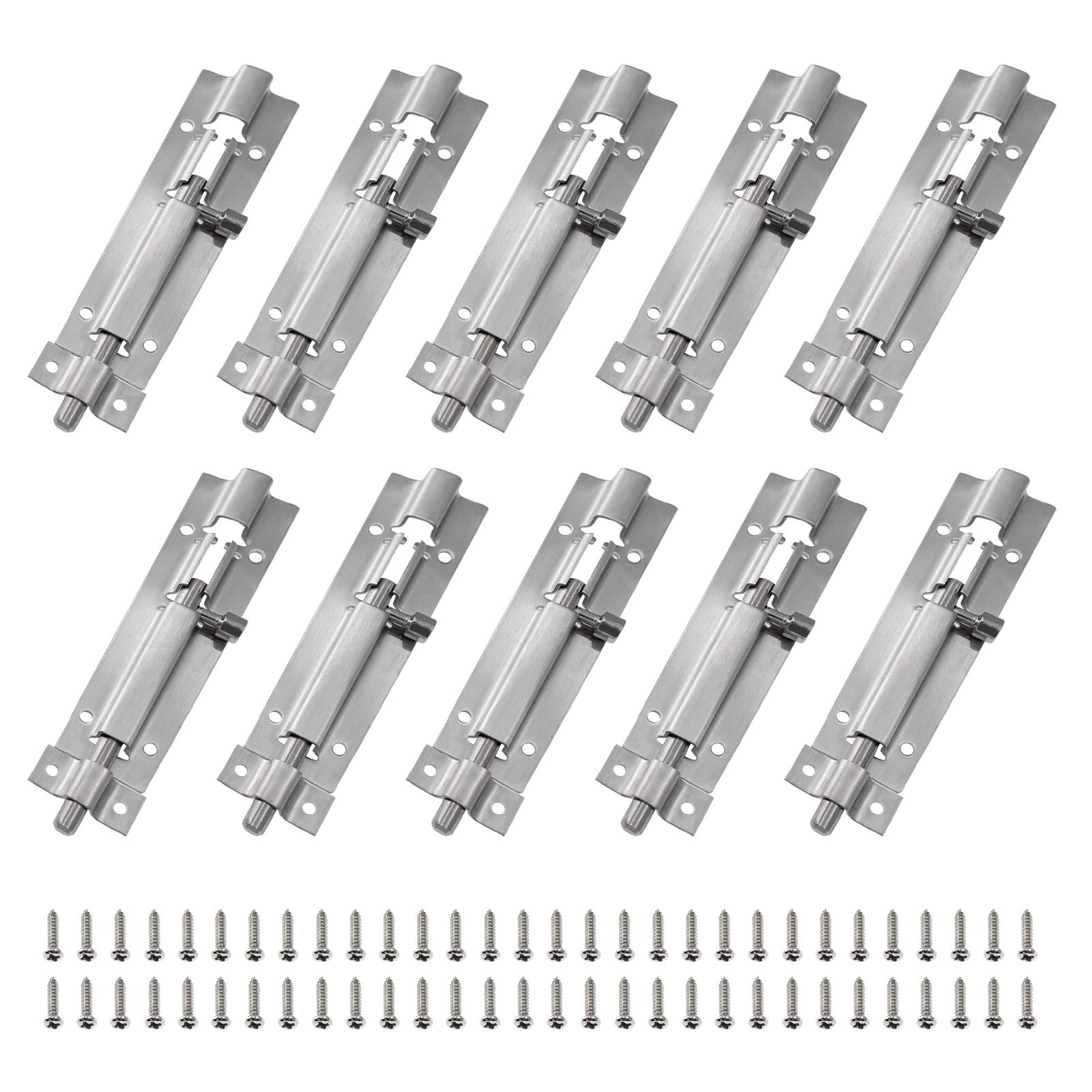 LDEXIN 10Pcs Door Security Slide Latch Lock, 4 inch/100mm Barrel Bolt with Solid Heavy Duty Steel to Keep You Safe and Private, Brushed Nickle Finish