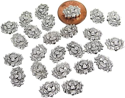 Acxico 25 cuentas budistas de plata antigua de peltre flor de loto de 0.472 in