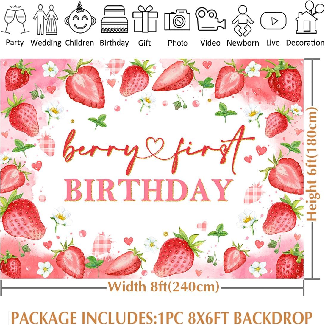 Avezano Berry First Birthday Backdrop Strawberry 1st Birthday Decorations Berry First Birthday Decor Strawberry First Birthday Banner for Girls (8x6ft)