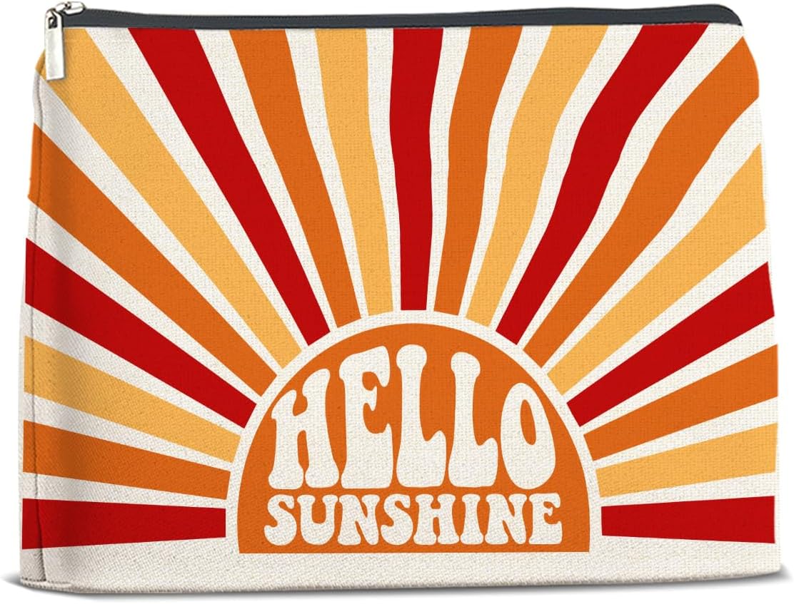 Hello Sunshine Inspirational Makeup Bag-Boho Sun Colorful Ray Cosmetic Travel Pouch,Gift for Boho Lovers Girls