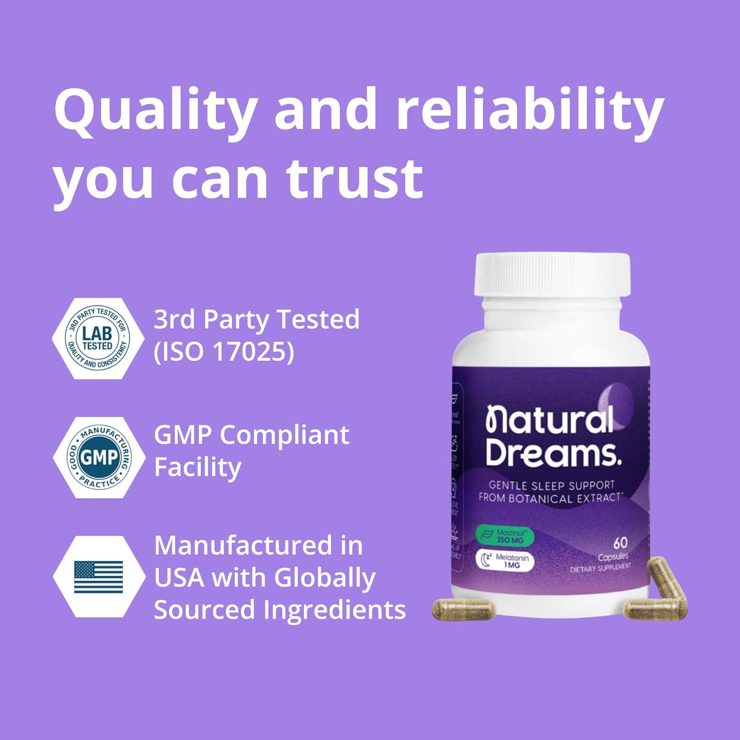 Univera 1mg Melatonin, Natural Dreams, Botanical & Herbal Ingredients, Support Sleep Quality, Refresh Morning, 250mg Maizinol, Sleep Aid (60 Capsules, 30 Day Supply)