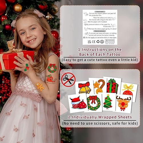 Miniatura 2 de Partywind 408 tatuajes temporales de Navidad envueltos individualmente para calcetines de niños, decoraciones de Navidad, suministros de fiesta,