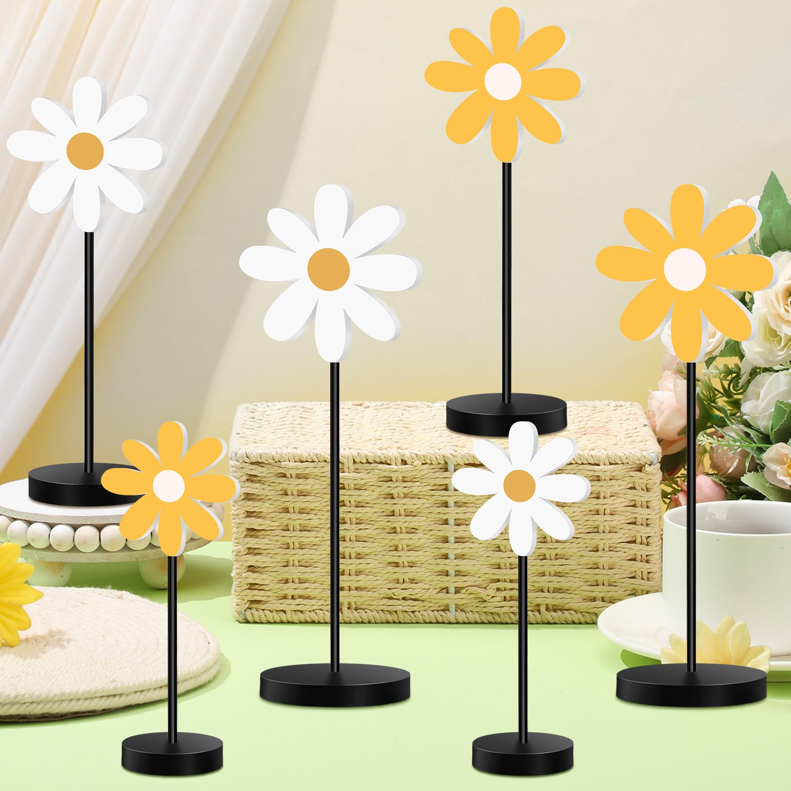 Geetery 6 Pieces Wooden Daisy Decor Boho Table Decorations Daisy Tiered Tray Sign Floral Table Centerpiece Standing Tabletop Decor for Nursery Shelf