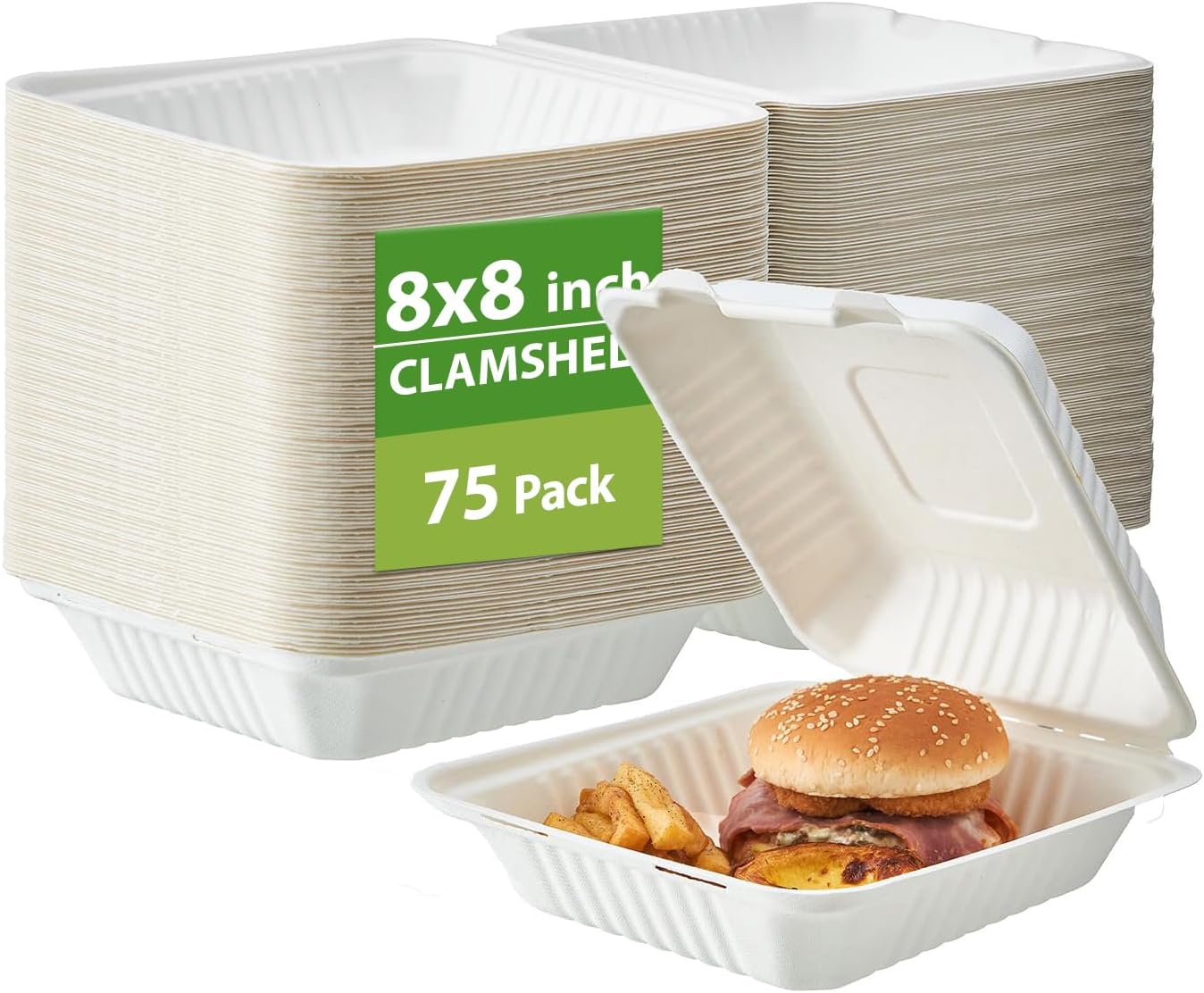 [9X9 3-Compartment 75-Pack Bio Natural Clamshell Take Out Food Containers with Lids, Disposable Bagasse Togo Plates, Eco-Friendly Biodegradable Made of Sugar Cane Fibers