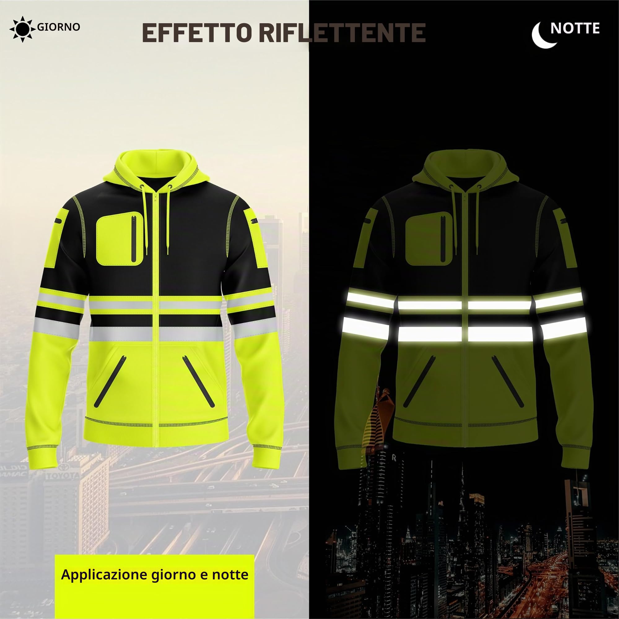 Felpa con cappuccio da uomo ad alta visibilità, nastro riflettente, con coulisse, tasche multiple con cerniera, ad alta visibilità, ad alta visibilità