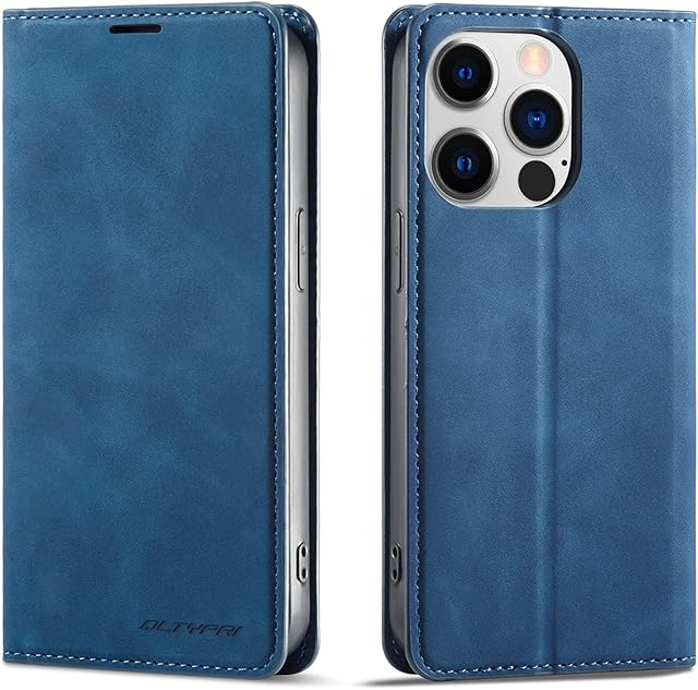 QLTYPRI Case for iPhone 13 Pro Max, Premium PU Leather Cover TPU Bumper with Card Holder Kickstand Hidden Magnetic Adsorption Shockproof Flip Wallet Case for iPhone 13 Pro Max - Blue