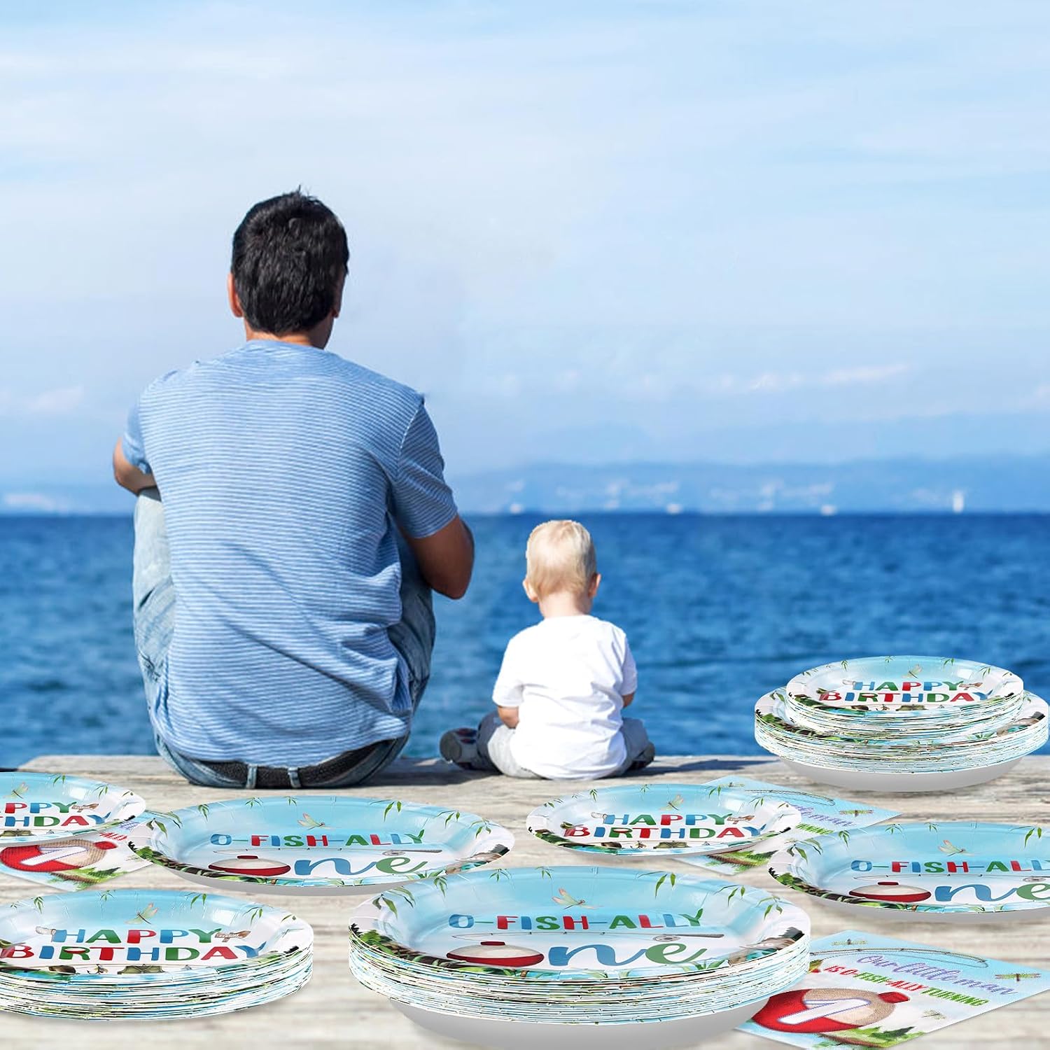 Grencian 96 Pcs Ofishally One Birthday Decorations Gone Fishing 1st Party Plates and Napkins Tableware Set O Fishally One First Birthday Decorations for Boys Little Fisherman 1st Baby Shower Serves 24