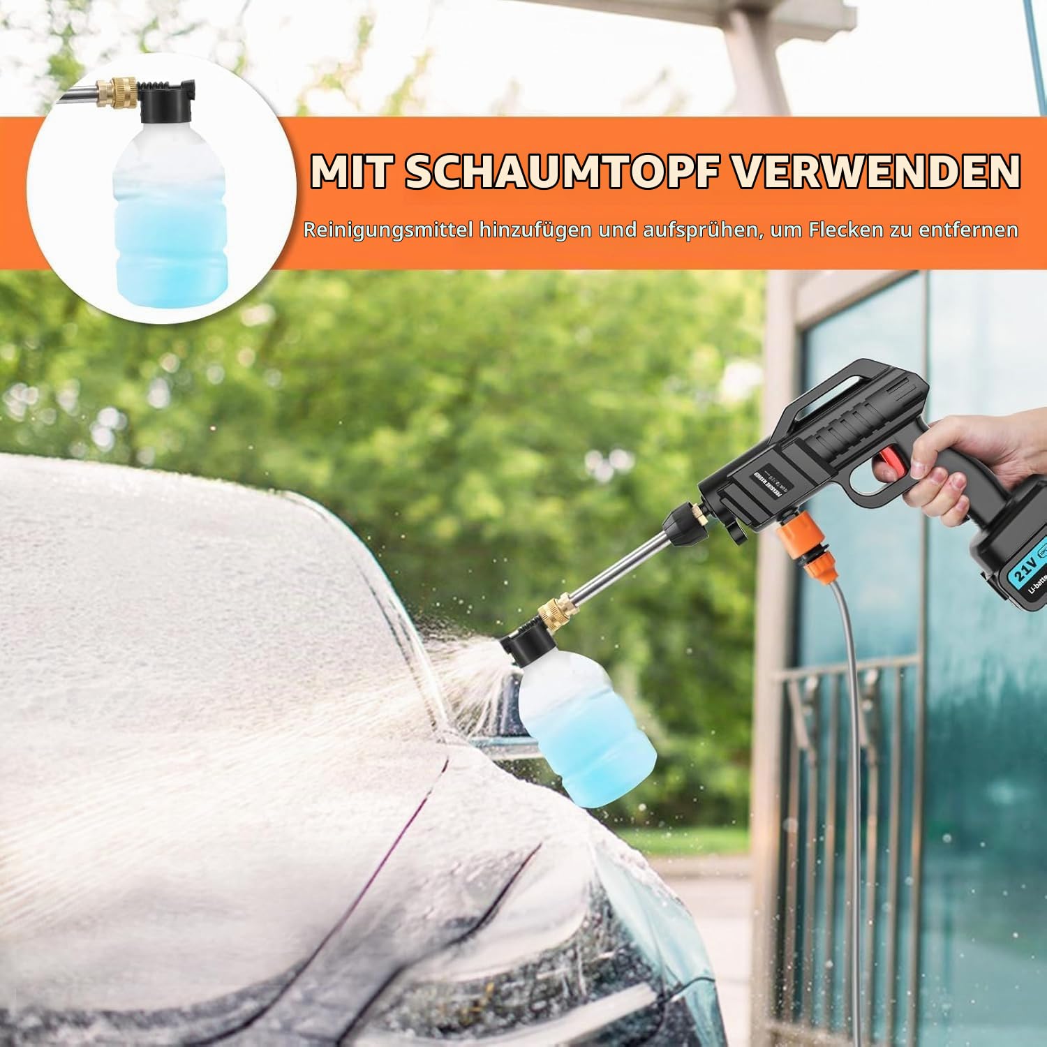 Akku Hochdruckreiniger 100 Bar 270 L/H | Auto Tragbarer Pistole mit 2 x 3000mAh Akku | Waschpistole Mobiler 6 in 1 Verstellbare Düse 5 M Schlauch für Terrasse Auto