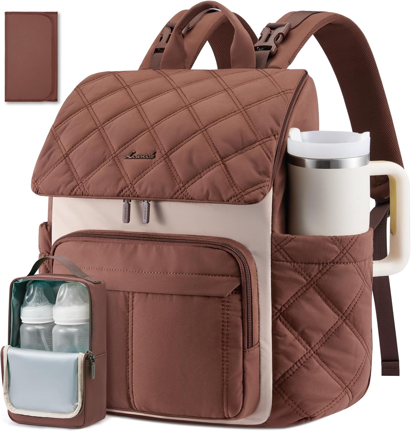 LOVEVOOK Diaper Bag Backpack With Pocket For Large Capacity Cup,Multi-Function Baby Travel Bag For Mom Dad,Waterproof Baby Bag for Boys Girls with Changing Pad,Insulated Bag,Stroller Straps,Green