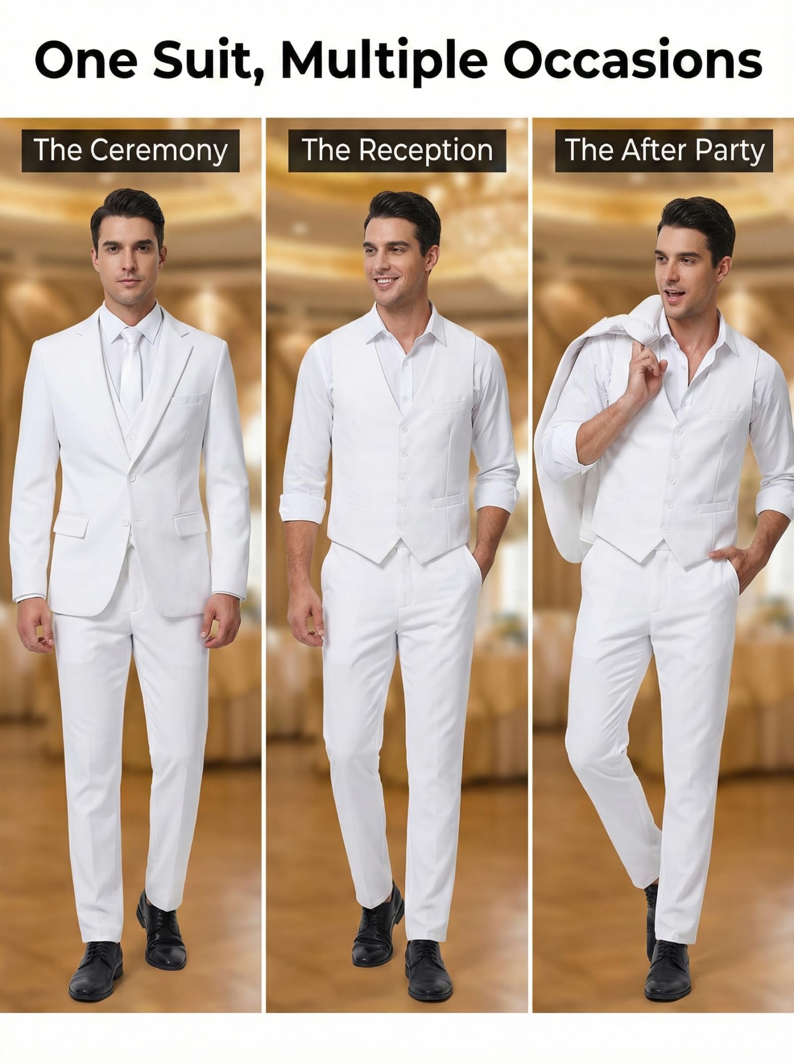 Holivyer Conjunto de Traje Ajustado de 3 Piezas para Hombre, Blazer de Dos Botones, Chaqueta sólida, Chaleco, Pantalones, Traje de Boda y Negocios