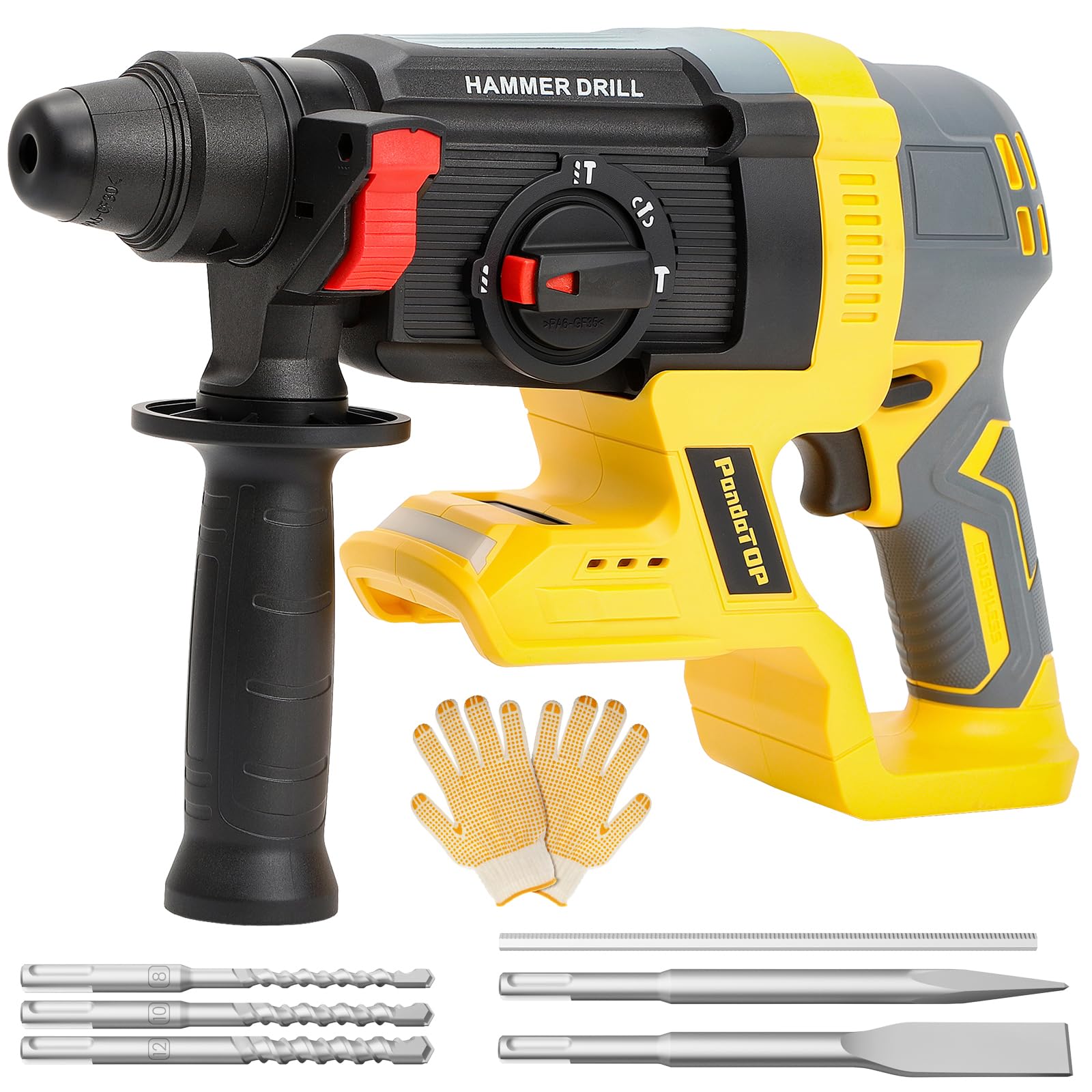 SDS Plus - Trapano a percussione senza fili per Dewalt 20 V Max Batteria, 20 V, senza spazzole, per calcestruzzo, muratura, legno, metallo, rotomartillo, 4 funzioni, 5 trapani con guanti (batteria non