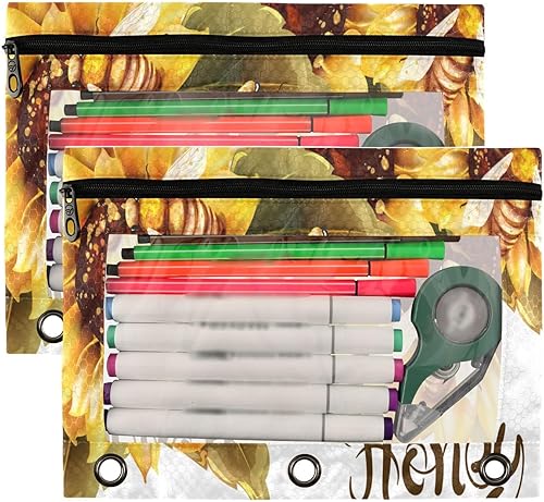 Miniatura 2 de Estuche vintage para lápices de flores de abejas para carpeta de 3 anillos con cremallera, estuche a granel con ventana transparente, bolsa de