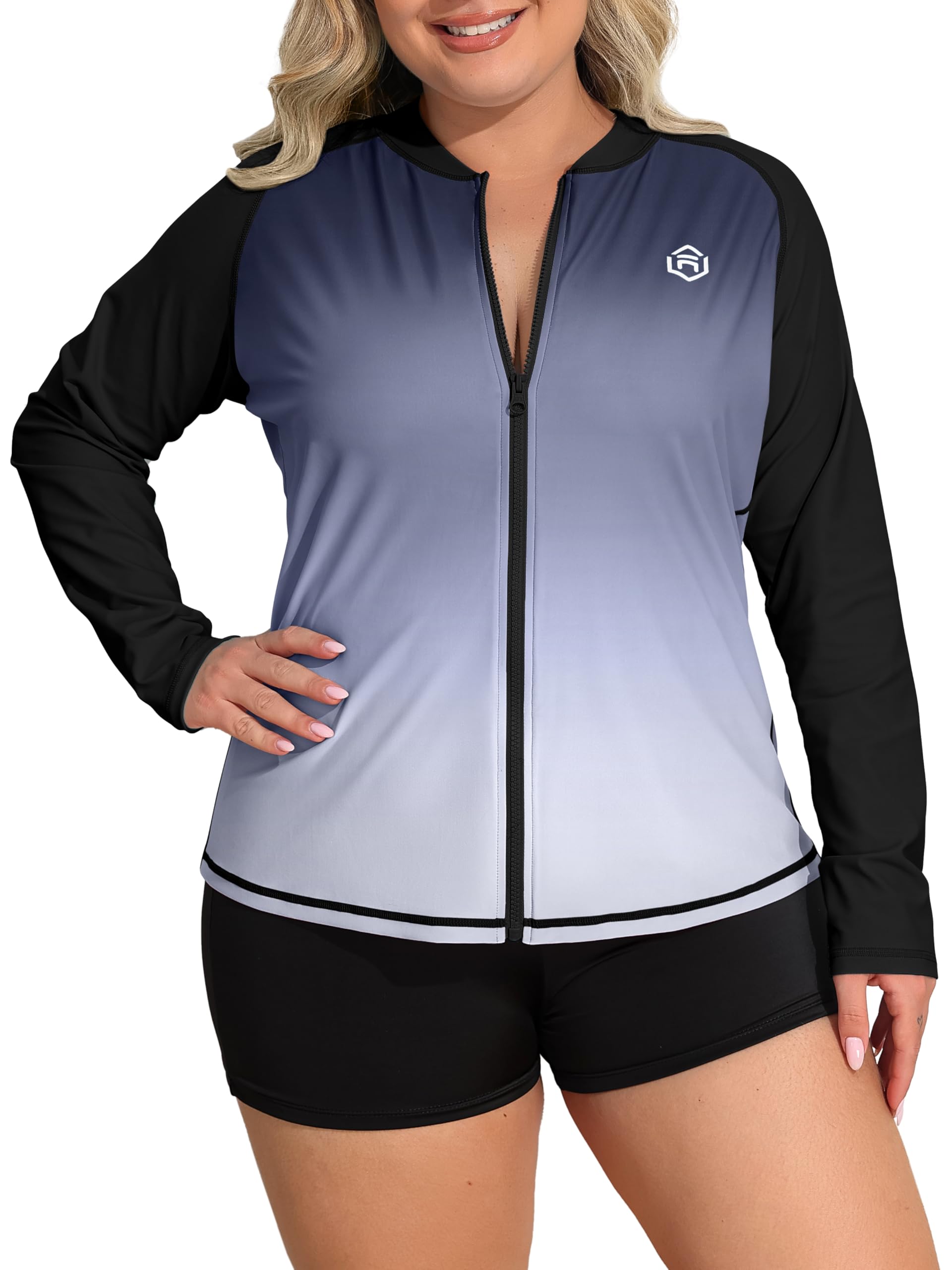 Women's Long Sleeve Rash Guard UV Sun Protection Zipper Gradient Swimsuit Top, Gradient Gray, 3X-image-16