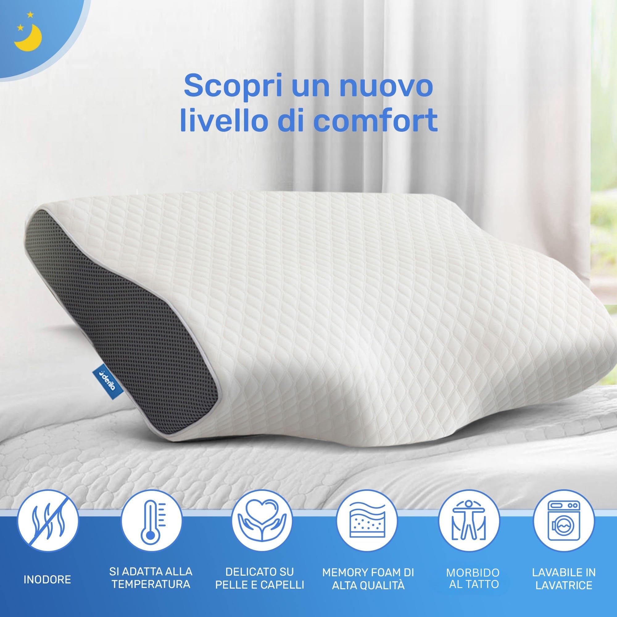 Derila Guanciale Memory Foam Cervicale Queen Size per Dormire | Design a farfalla. Confezione singola. Fodera rimovibile lavabile in lavatrice. Si espande in 24h.