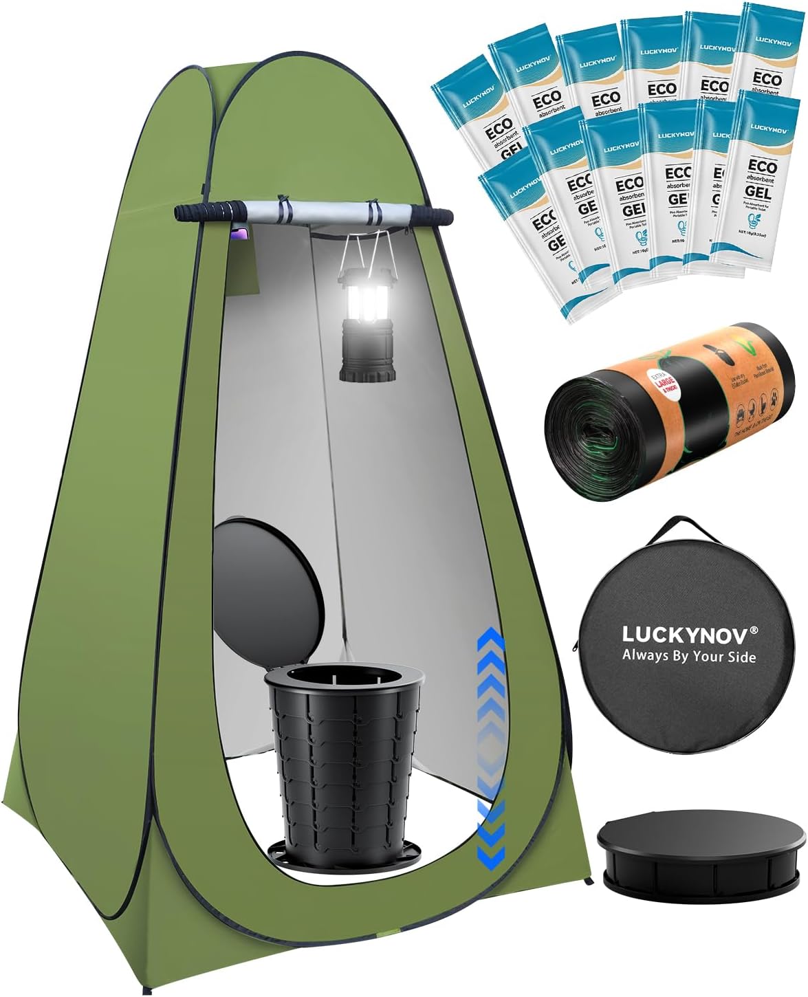 Adjustable Portable Toilet with Privacy Tent for Camping, Car Travel, Hiking, Includes 12 Waste Bags & 12 Urine Solidifiers, Camping Lantern