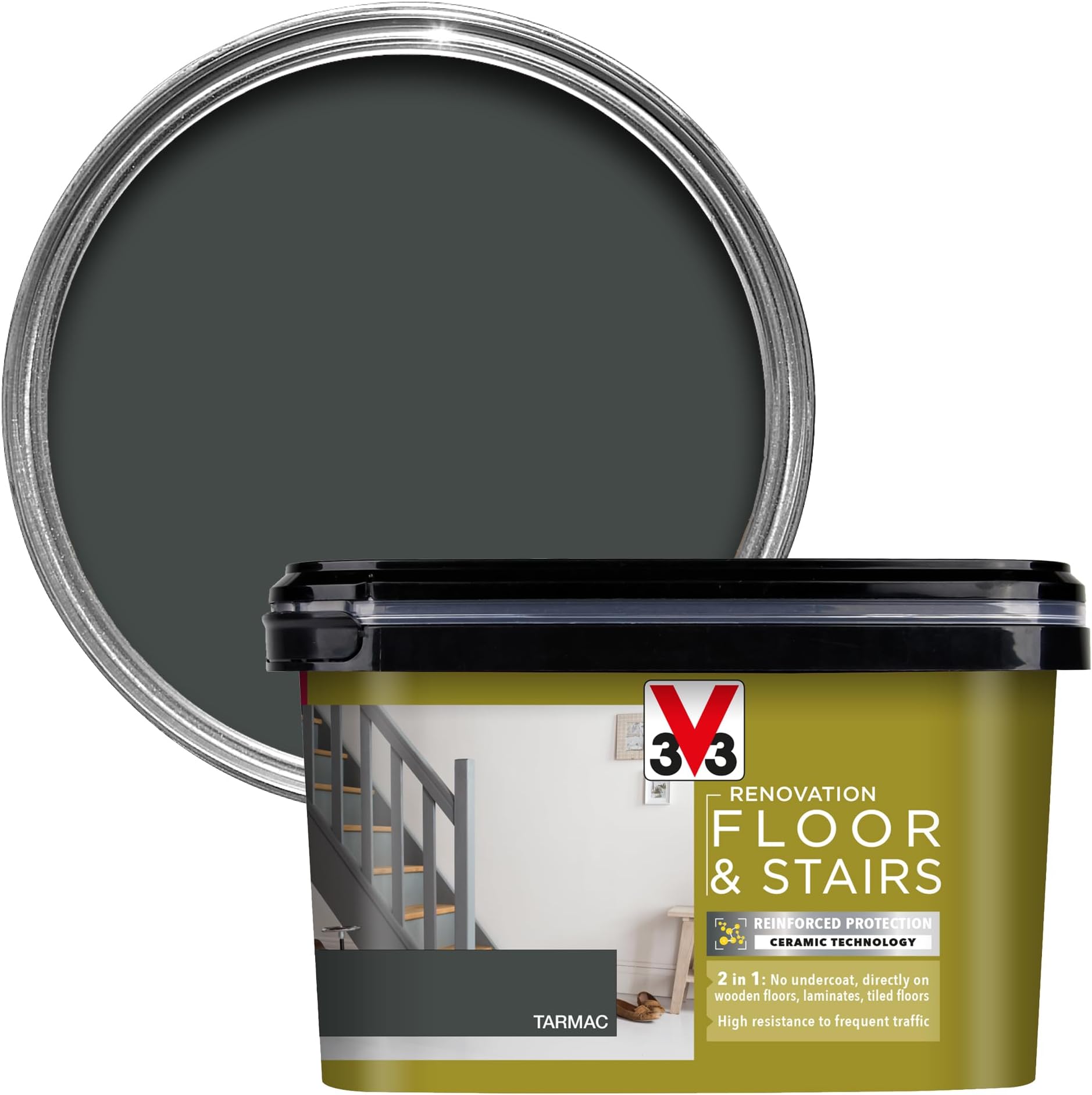 V33 Renovation Floor & Stairs Paint - No Undercoat Needed - Wooden Floors Laminates & Tiled Floors - Reinforced Protection - Easy Maintenance - Tarmac Satin 2 Litres
