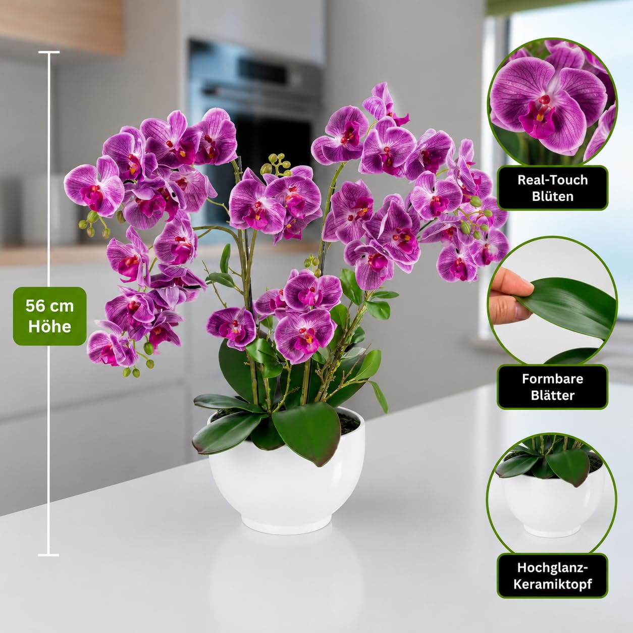 PASCH® Orchidea Artificiale XXL Grande (56 cm) in Vaso di Ceramica Lucida - Fiori Come Veri