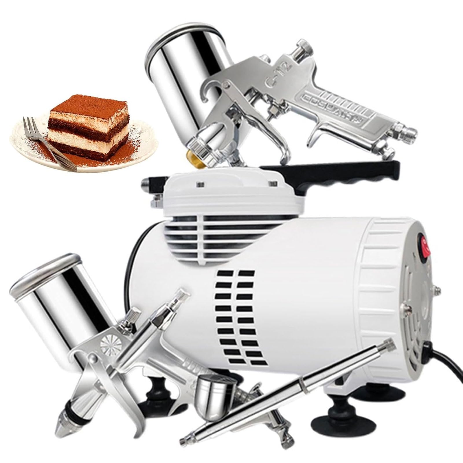 Sistema de aerografía for pasteles de alta eficiencia de 180 W, kit de aerógrafo comercial con pistola de 3 piezas, compresor de aire de doble ventilador alto flujo de 70 l/min,presión aire de 45 psi