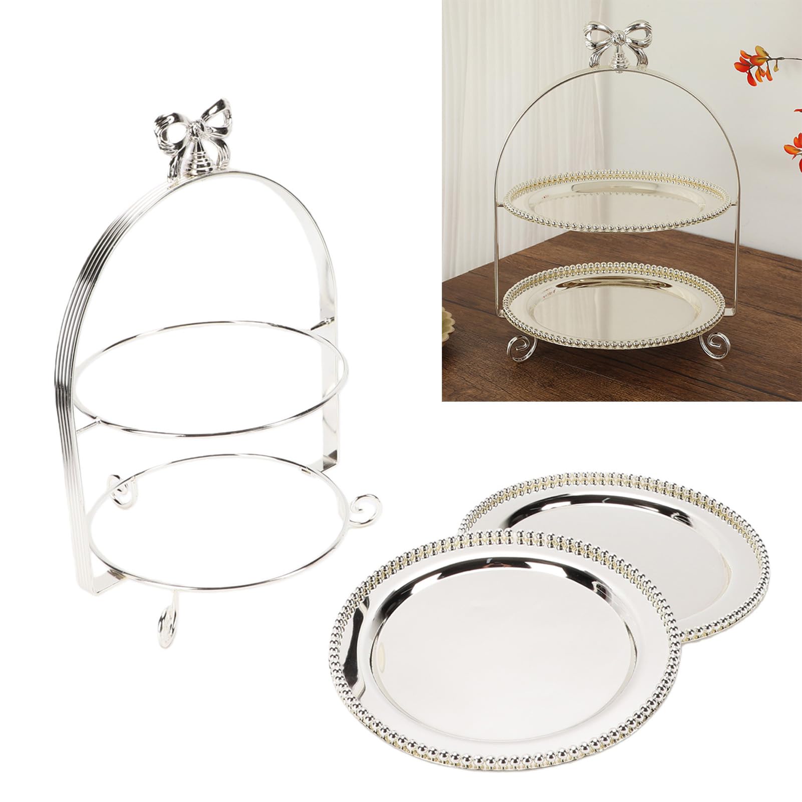 Soporte para Pasteles de 2 Niveles Bandeja de Servicio Plateada