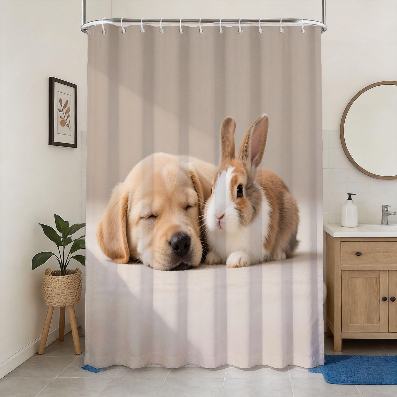 Hongduo 3D Dog & Rabbit Shower Curtain for Stalls Bathtubs Cute Bathroom Decor Shower Curtain Set Polyester Fabric Waterproof 120x180cm/48X71 Inch with Hooks