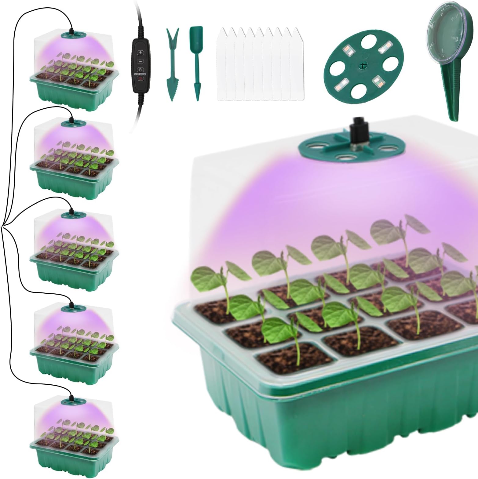 5 Packs Seed Starter Tray with Grow Light, Plant Starter Tray Seedling Starter Kit with Humidity Domes Base Indoor Greenhouse Mini Propagator Station for Seeds Growing Starting