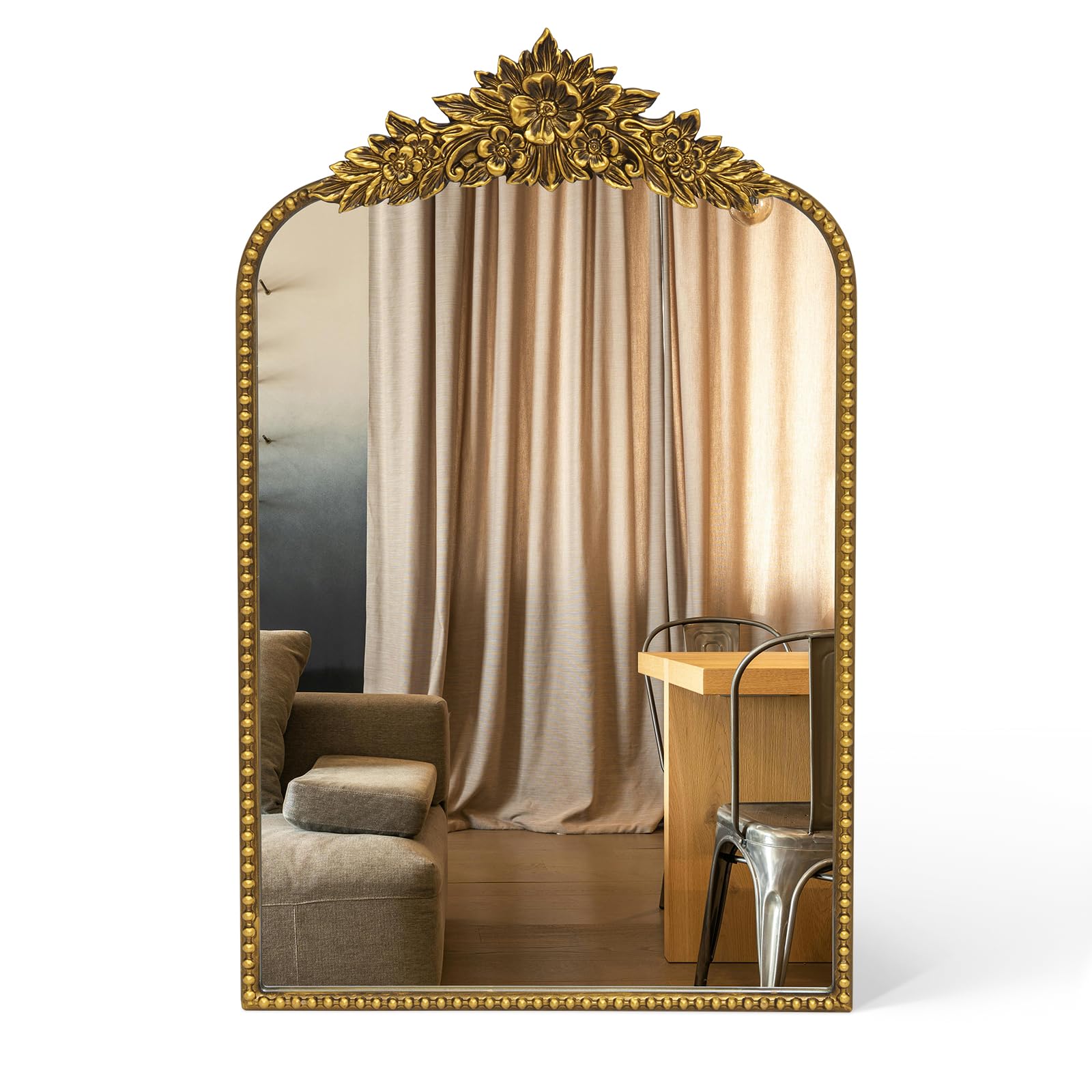 Awhtixbo Antique Gold Baroque Mirror 40X64(H) cm - Vintage Cast Iron Frame with Hand-Carved Resin Florals, Shatterproof Wall Mirror for Bathroom, Living Room & Bedroom