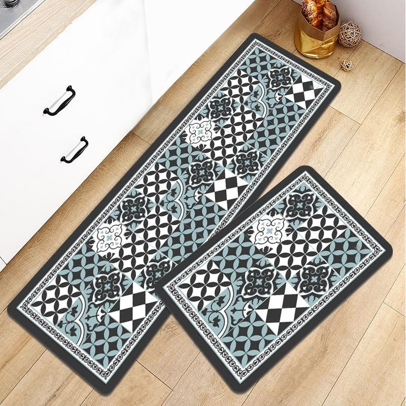 Image of HomeCloud Rubber Kitchen Mats for Floor Set of 2 Pcs|Non-Skid, Soft Absorbent Rugs for Kitchen, Laundry, and Hallway|120x40cm, 40x60cm| 4mm Thickness (Moroccan Blue)