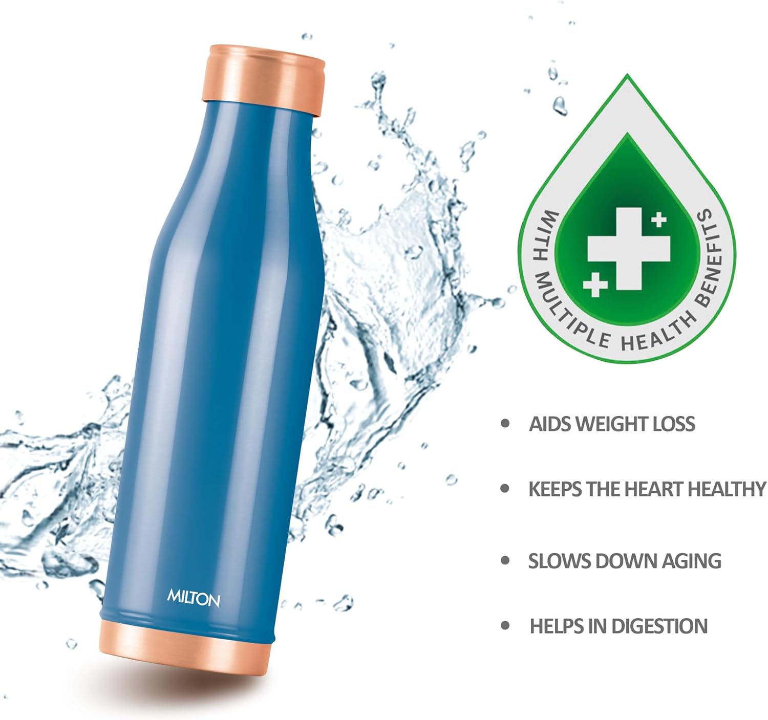 MILTON Copper Charge Water Bottle, 930 ml, Dark Blue | Lacquer Coating, Curved bottle | Diwali | Festive | Gifting | Yoga | Home | Kitchen | Vedic