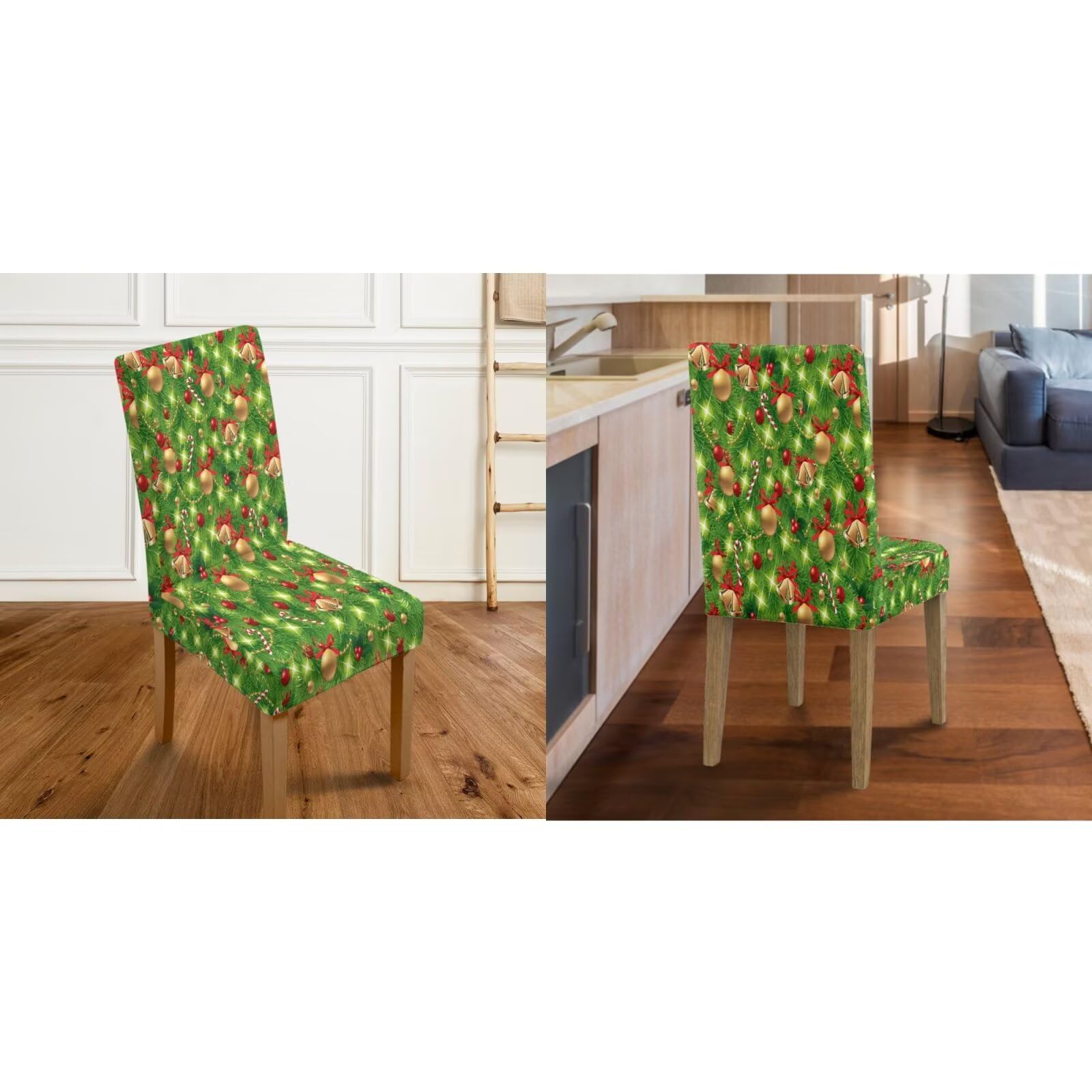 Juego de 6 fundas para sillas de comedor, decoración navideña, campanas verdes, decoración navideña, ajuste universal, fundas para sillas de comedor con dobladillo elástico, protector de