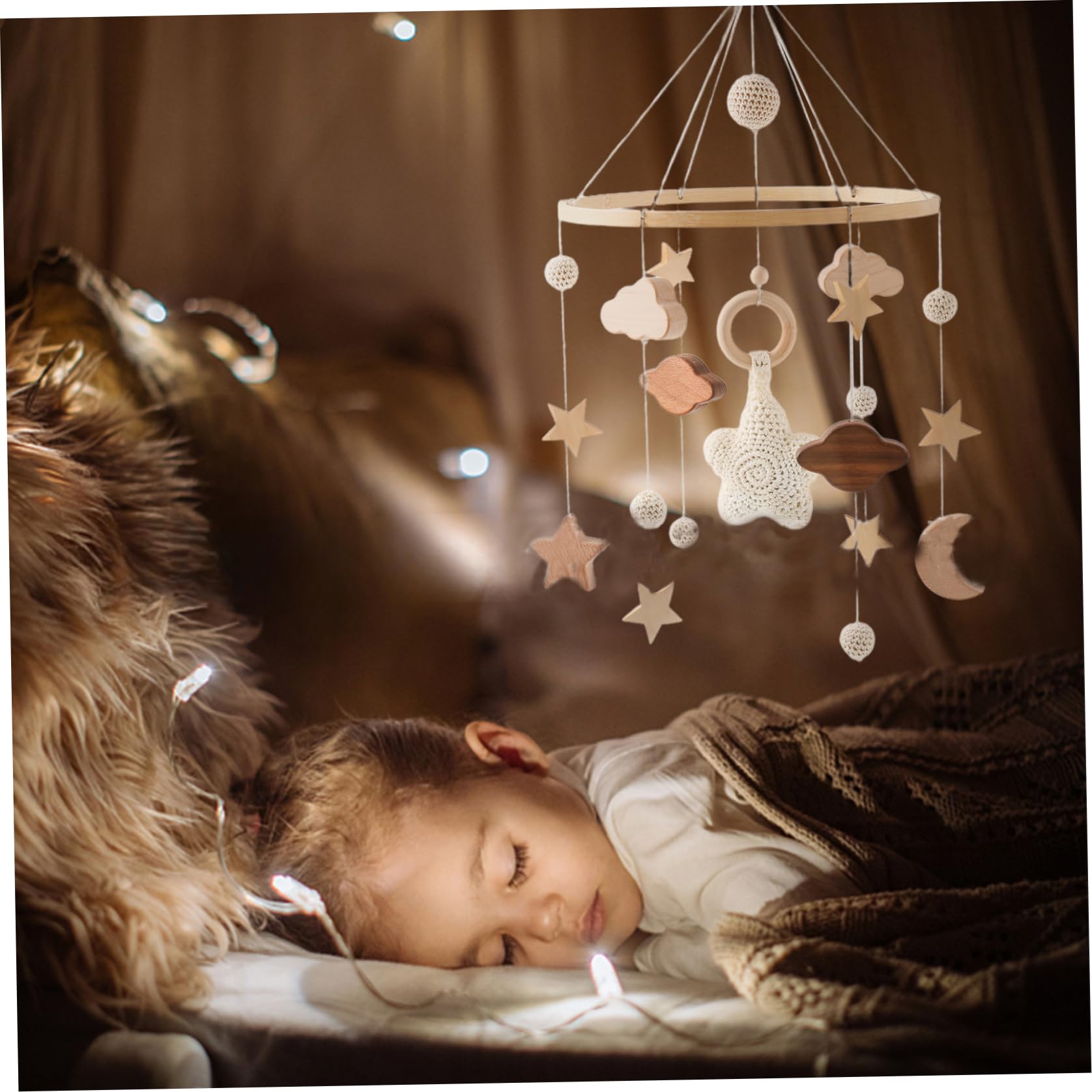 Mobile pour berceau de bébé, mobile pour bébé étoiles, nuages ​​et lune avec son net, de chambre d'enfant en bois crocheté à la main, jouets berceau Boho à suspendre pour garçons et fil