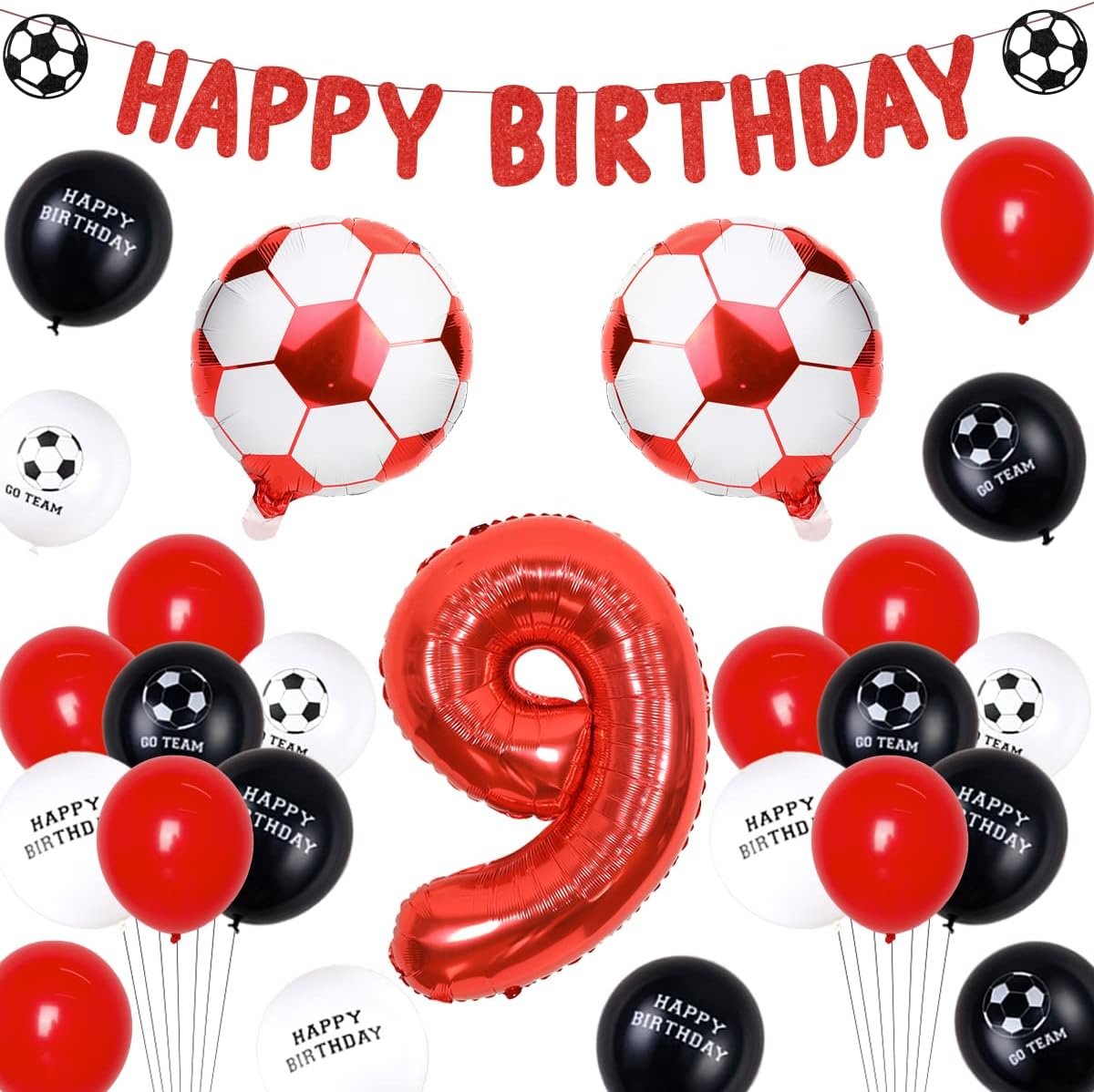 Funmemoir Football 9th Birthday Decorations Red - Football Happy Birthday Banner, Football Foil Balloons, 9 Foil Numbers Balloon, Football Print Balloons, Football Fans Birthday Decorations Age 9