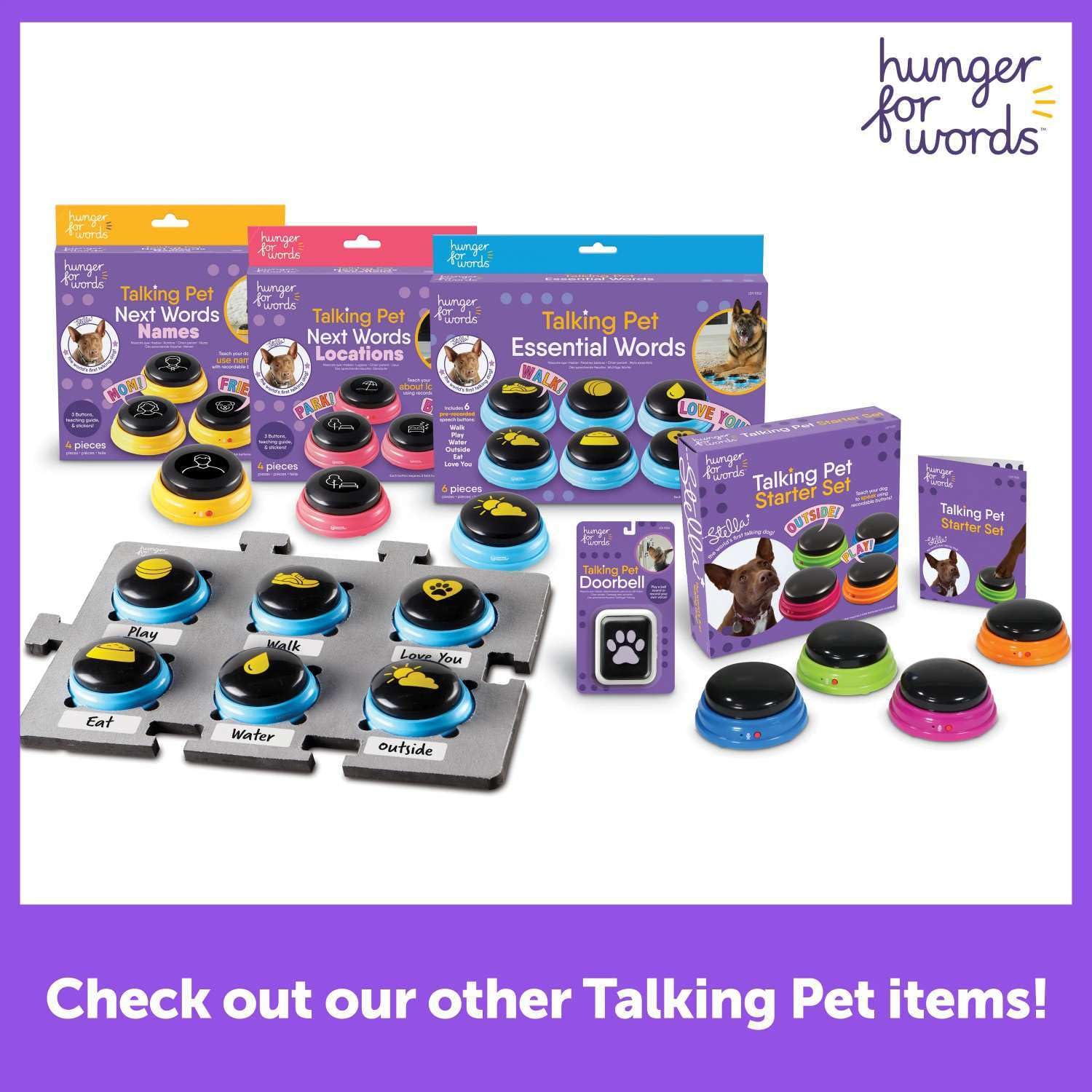 Hunger for Words Set de Nombres Propios para Mascotas Que Hablan, 3 Botones grabables para Perros, Botones comunicadores para Mascotas