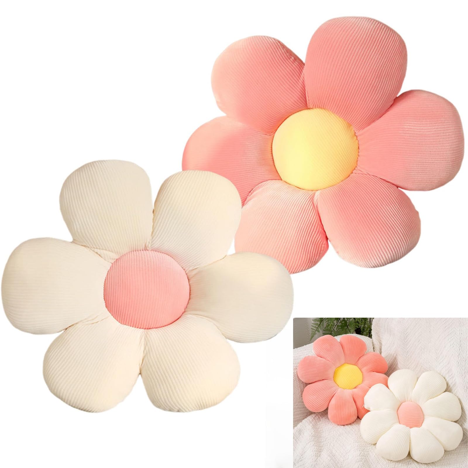 2 Pack Daisy Flower Pillow, 38x38cm Flower Floor Cushion for Kids, Decorative Daisy Seat Pad for Sofa Chair Car Floor, Girl's Bedroom Decor
