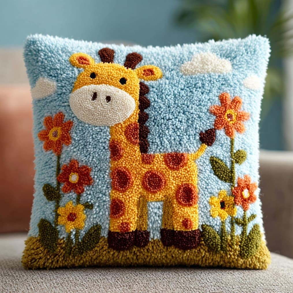 AxiangziK Latch Hook Cushion Kit 17x17 Inch,Giraffe and Flowers