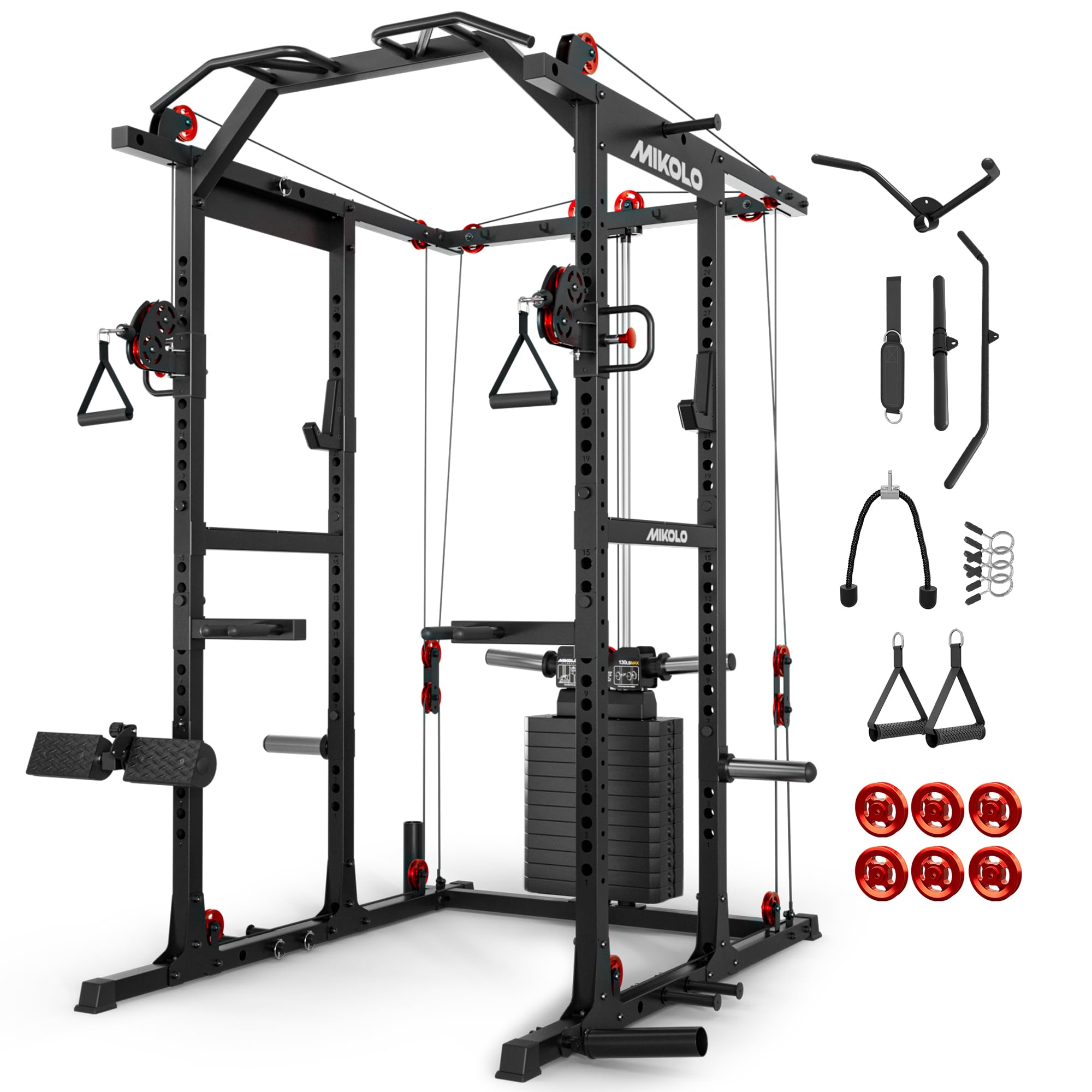 Mikolo K6 2.0 Power Cage, Power Rack with Cable Crossover System, 2000LBS Squat Rack with LAT Pull Down System, Functional Trainer with Aluminum Pulley System for Home Gym