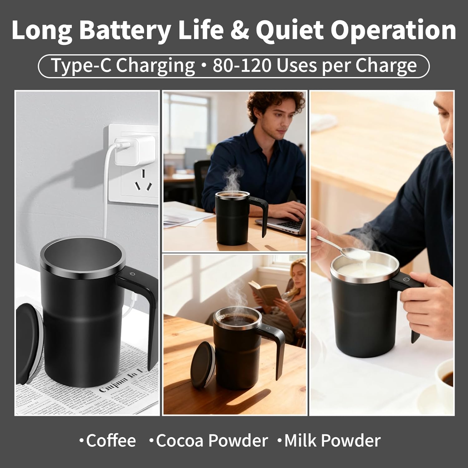 Self Stirring Coffee Mug 12.8 oz with Spill-Proof Lid & LED Display Handle, 316 Stainless Steel Auto Magnetic Mixing Cup Rechargeable, Valentine's Day Gift for Her, Men and Women (Matte Black) - Image 5