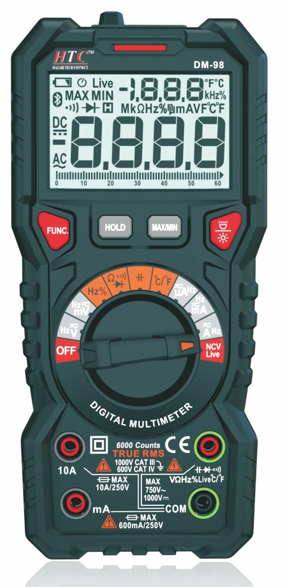 HTC DM98 with 6000 Counts True RMS/Autorange/Dual Display LCD/Live Wire Testing/Double Colour LCD for HIGH Alert/Input Jack LED Indicator Digital Multimeter (B0BFWGPSY4) Amazon Price History, Amazon Price Tracker