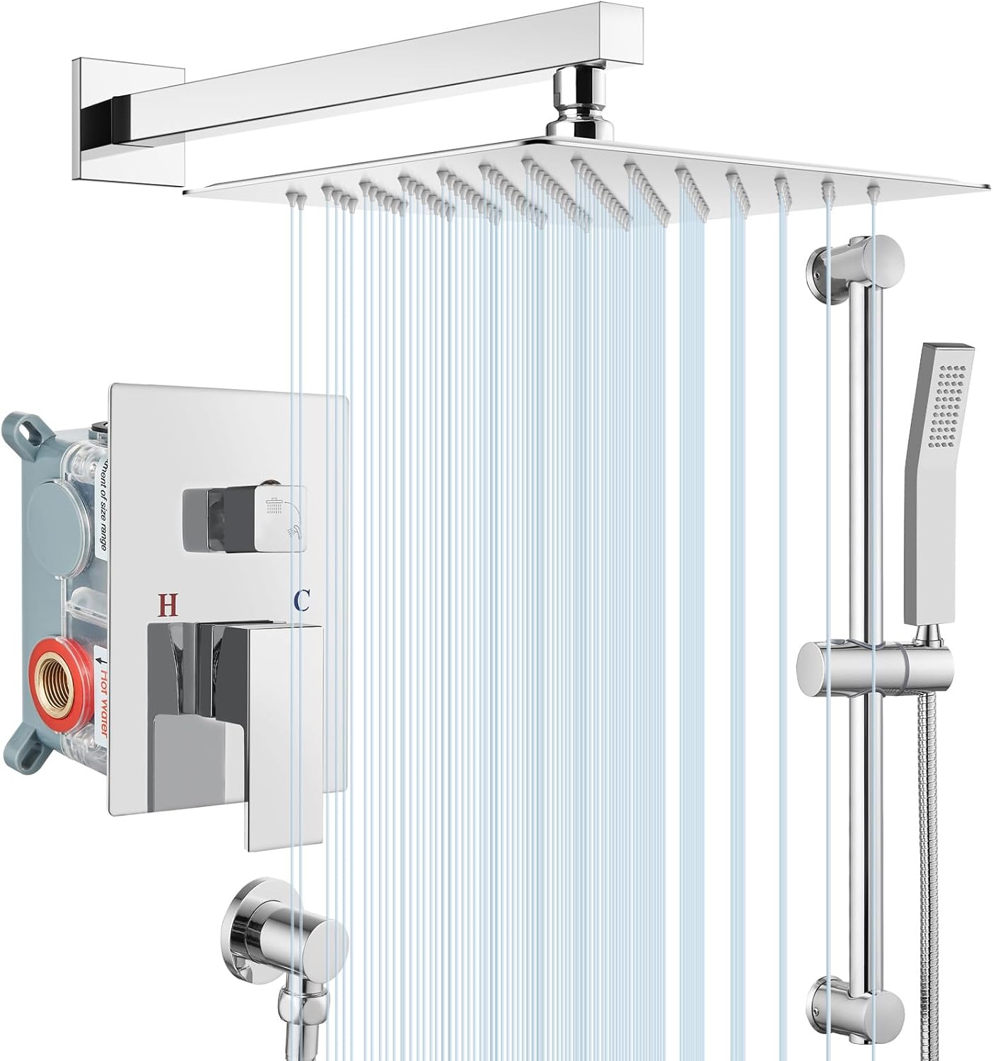 gotonovo Polished Chrome Shower Faucet Set 12 inch Square Rain Shower Head with Adjustable Angle Slide Bar Wall Mounted Shower Trim Kit Shower System