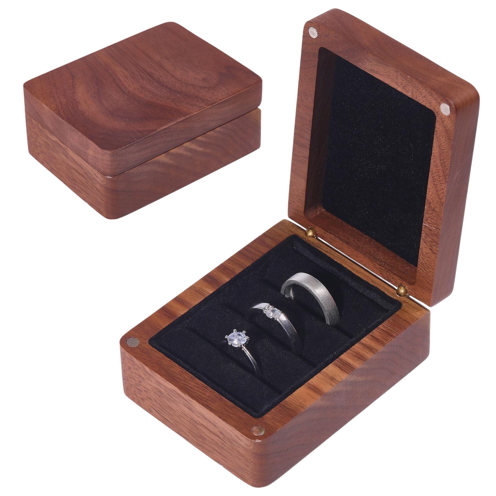 Boîte de rangement pour bagues en bois de noyer et bijoux de mariage