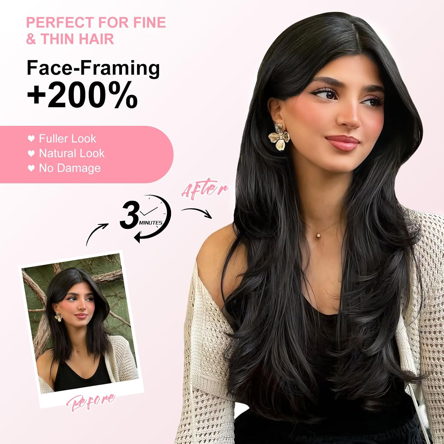 QGZ Black Clip in Hair Extensions for Women Long Straight Layered Synthetic Hair with 5 Clip One-Piece Design, Soft & Face Framing 22 Inch