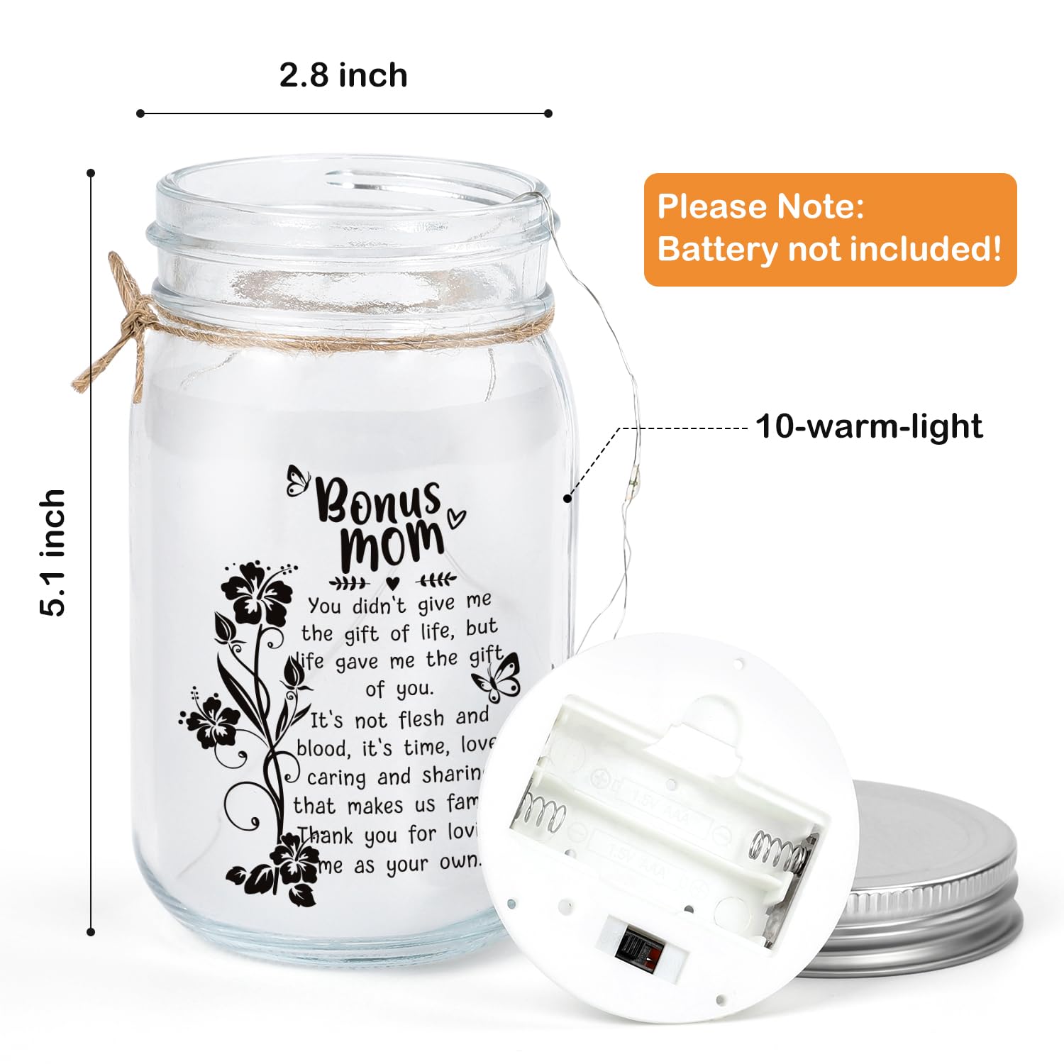 Bonus Mom Gifts Mason Jar Night Light for Mothers Day from Daughter Son,Step Mom Gifts,Birthday for Stepmom, Mother in Law Gifts